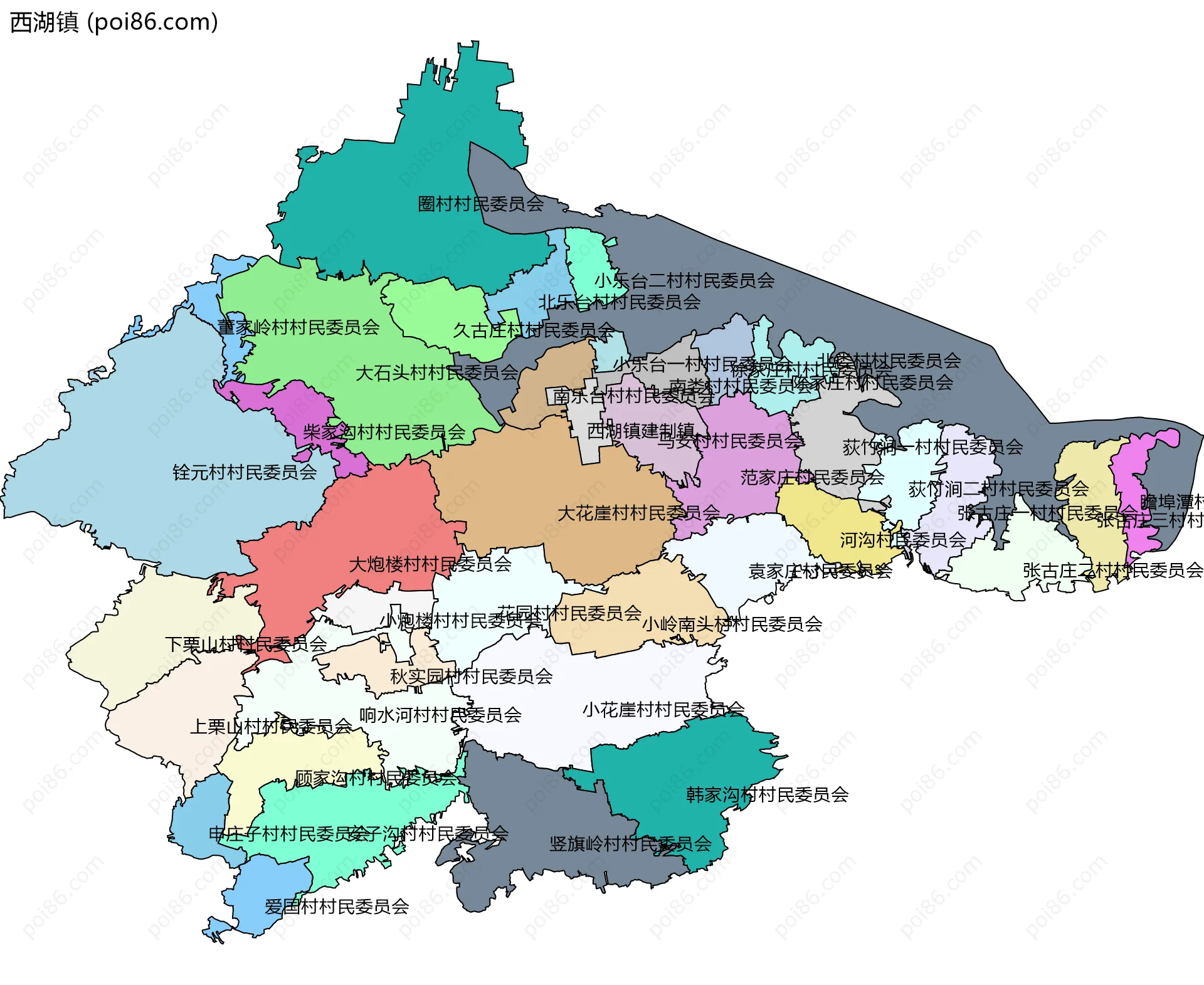西湖镇边界地图(五级行政区划)