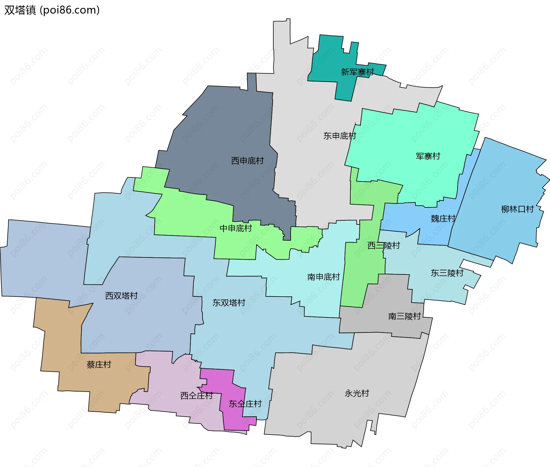 双塔镇边界地图(五级行政区划)