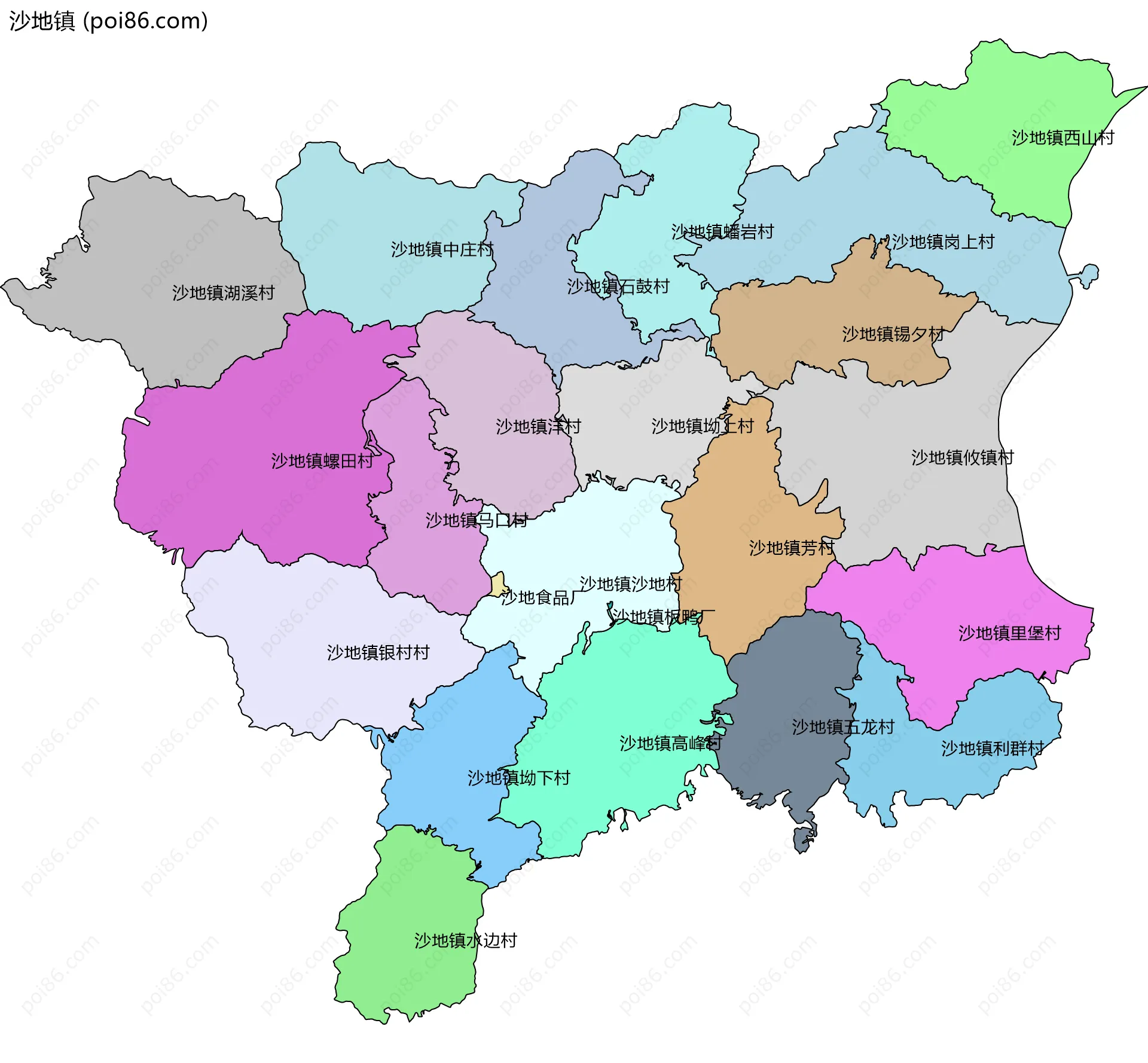 沙地镇边界地图(五级行政区划)