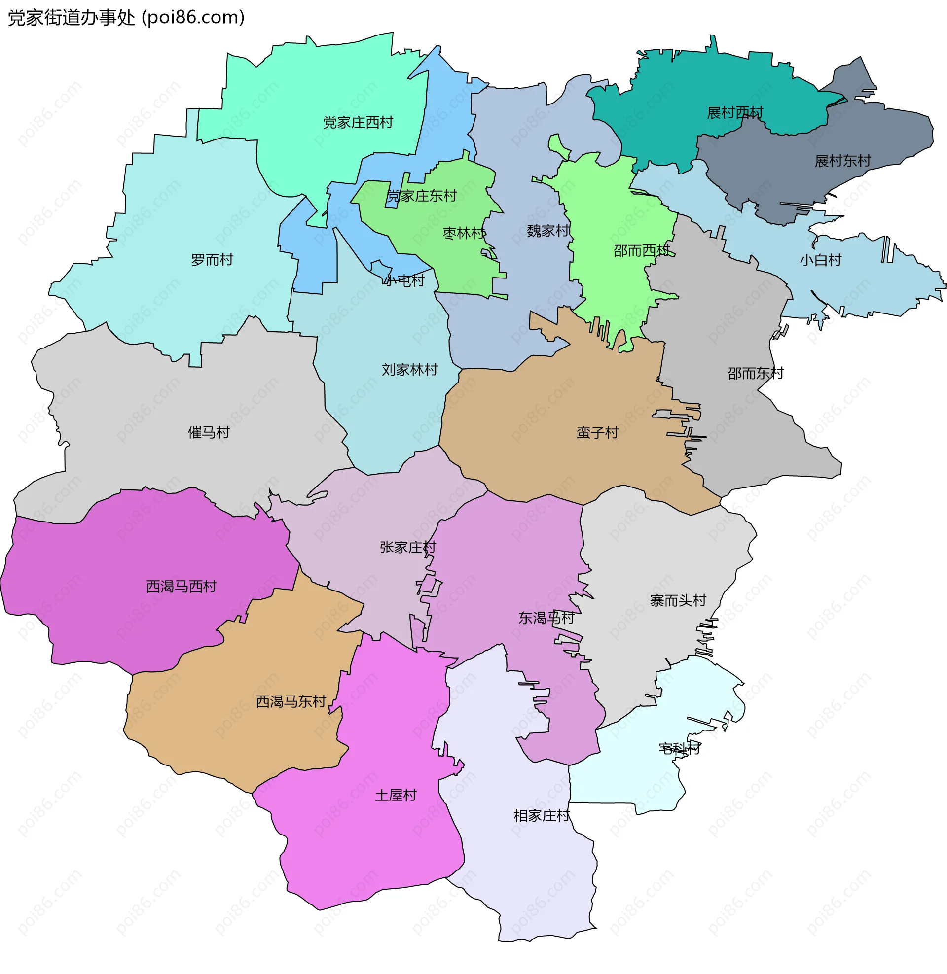 党家街道办事处边界地图(五级行政区划)