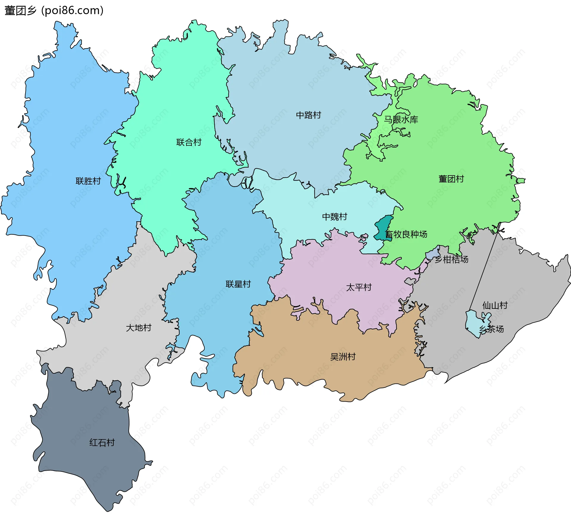 董团乡边界地图(五级行政区划)