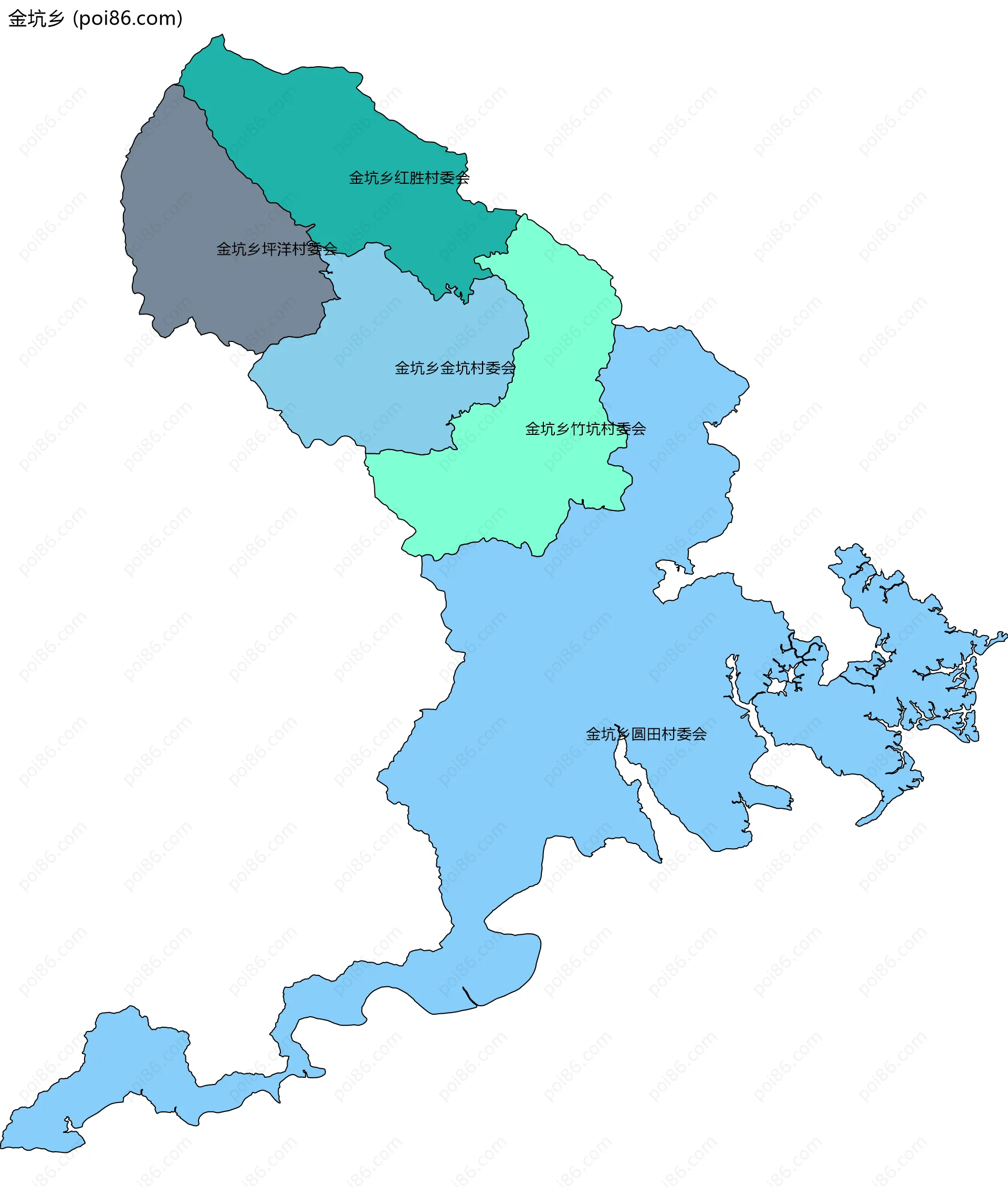 金坑乡边界地图(五级行政区划)