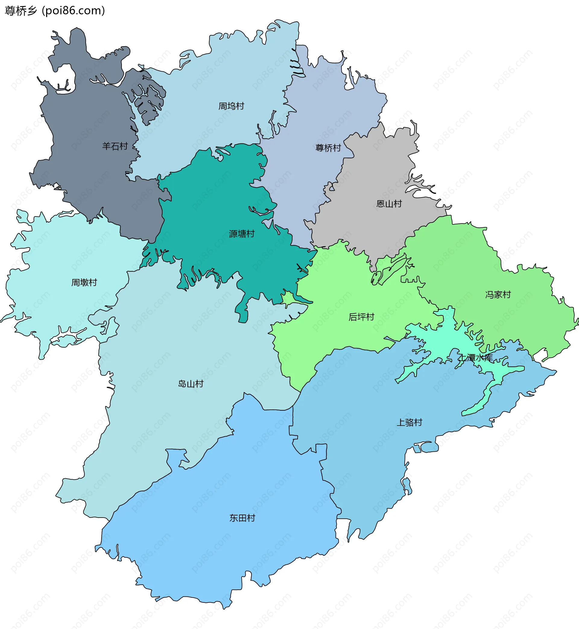 尊桥乡边界地图(五级行政区划)