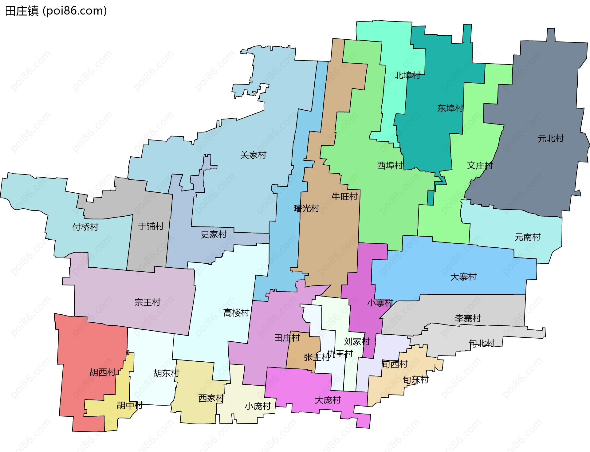 田庄镇边界地图(五级行政区划)
