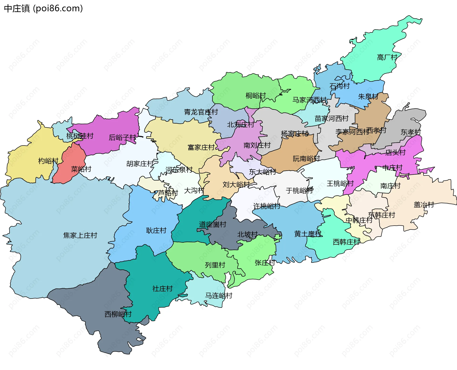 中庄镇边界地图(五级行政区划)