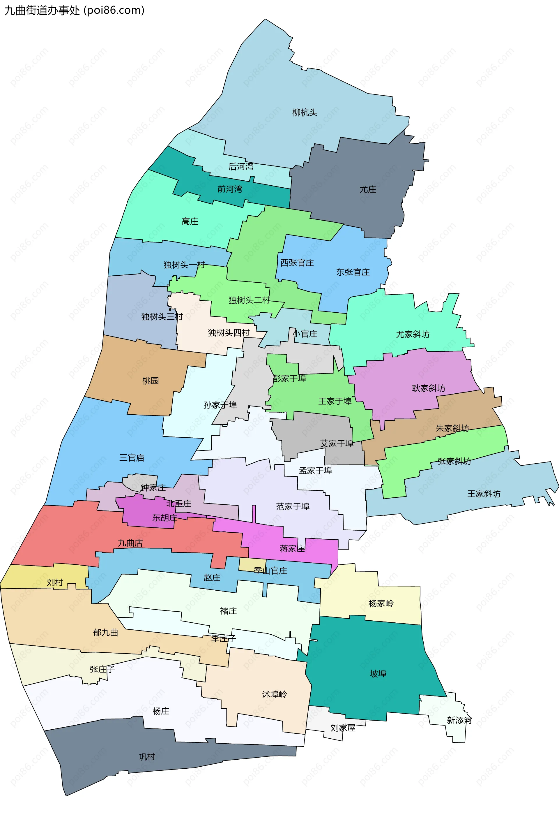 九曲街道办事处边界地图(五级行政区划)