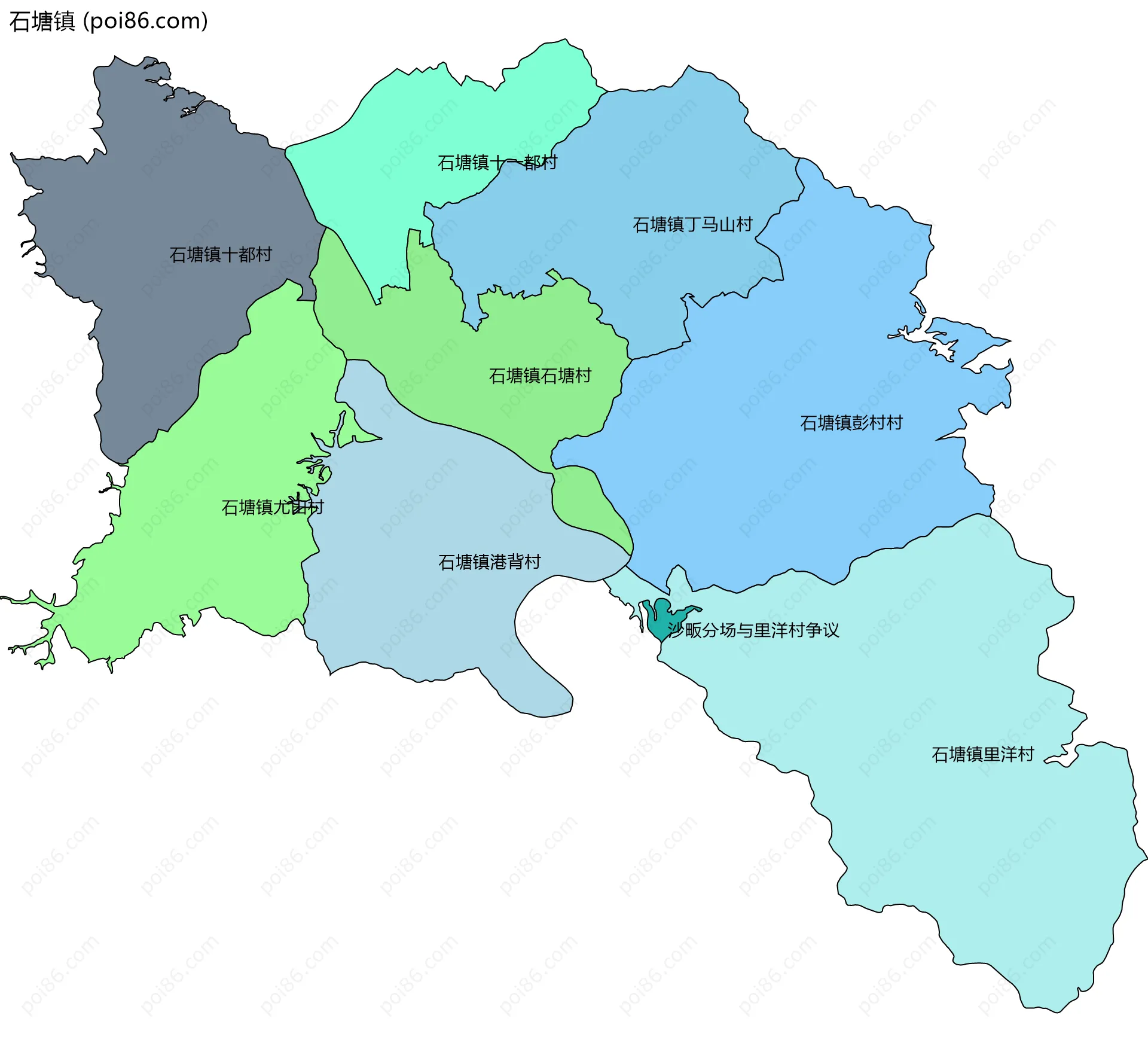 石塘镇边界地图(五级行政区划)