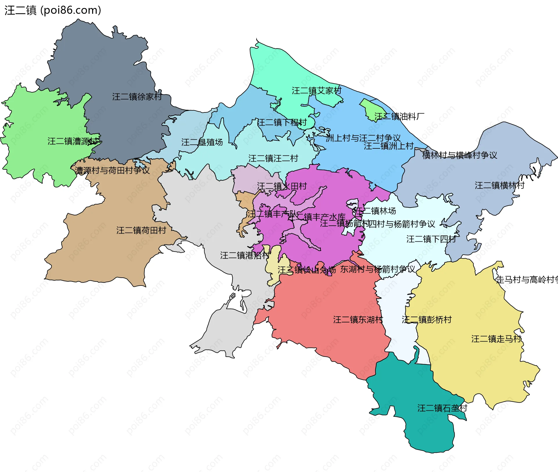 汪二镇边界地图(五级行政区划)