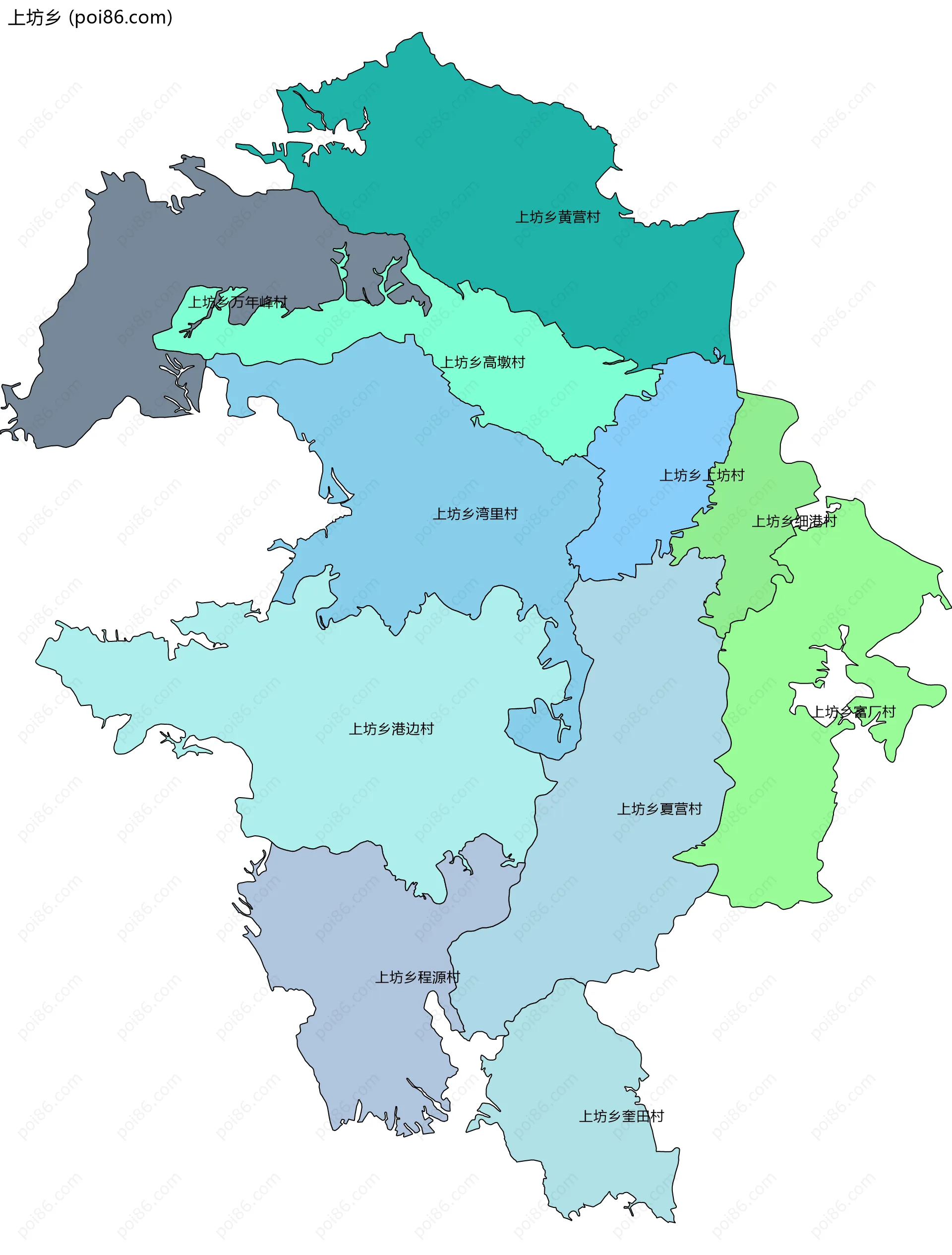 上坊乡边界地图(五级行政区划)