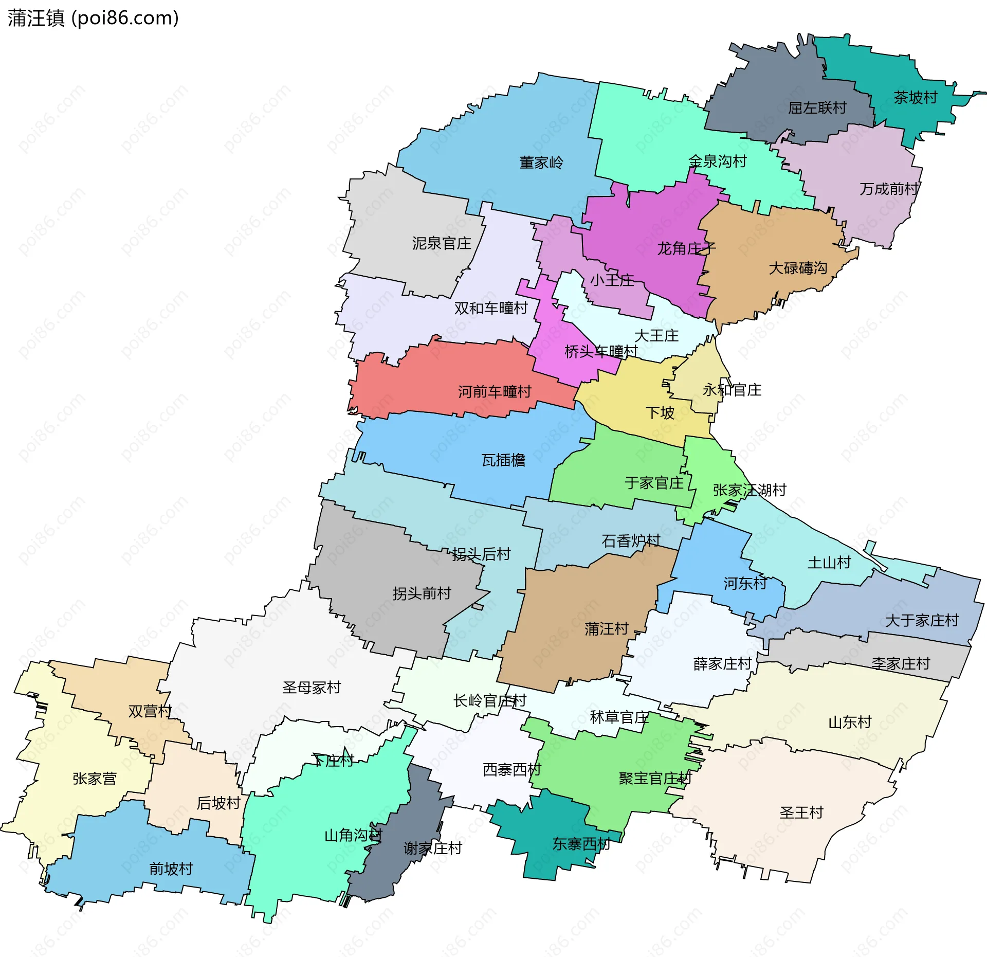 蒲汪镇边界地图(五级行政区划)