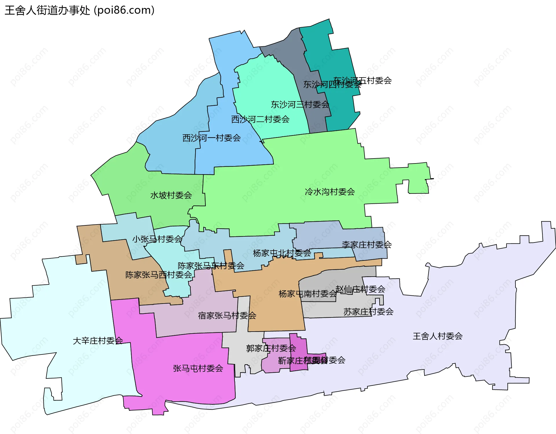 王舍人街道办事处边界地图(五级行政区划)