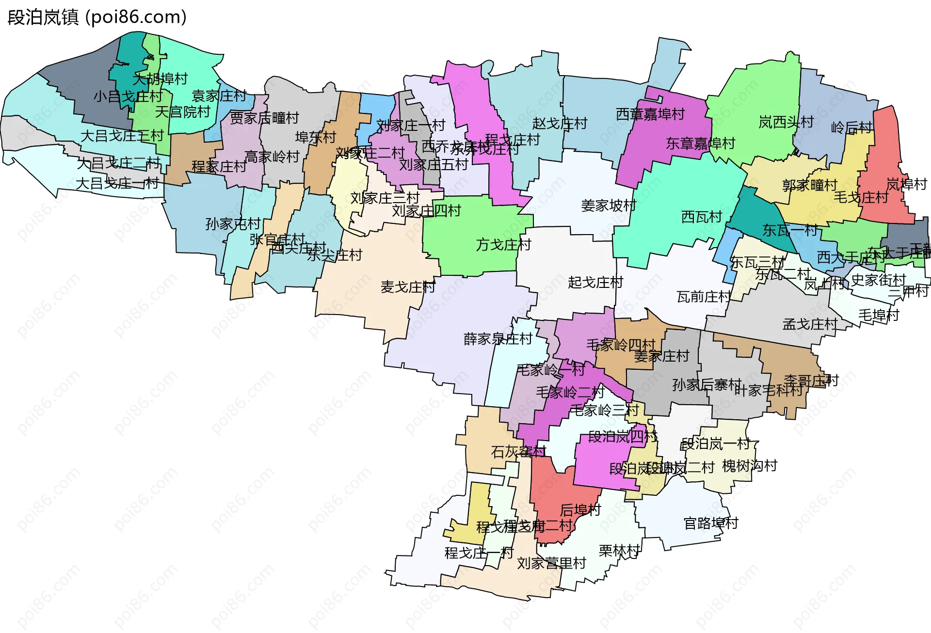 段泊岚镇边界地图(五级行政区划)