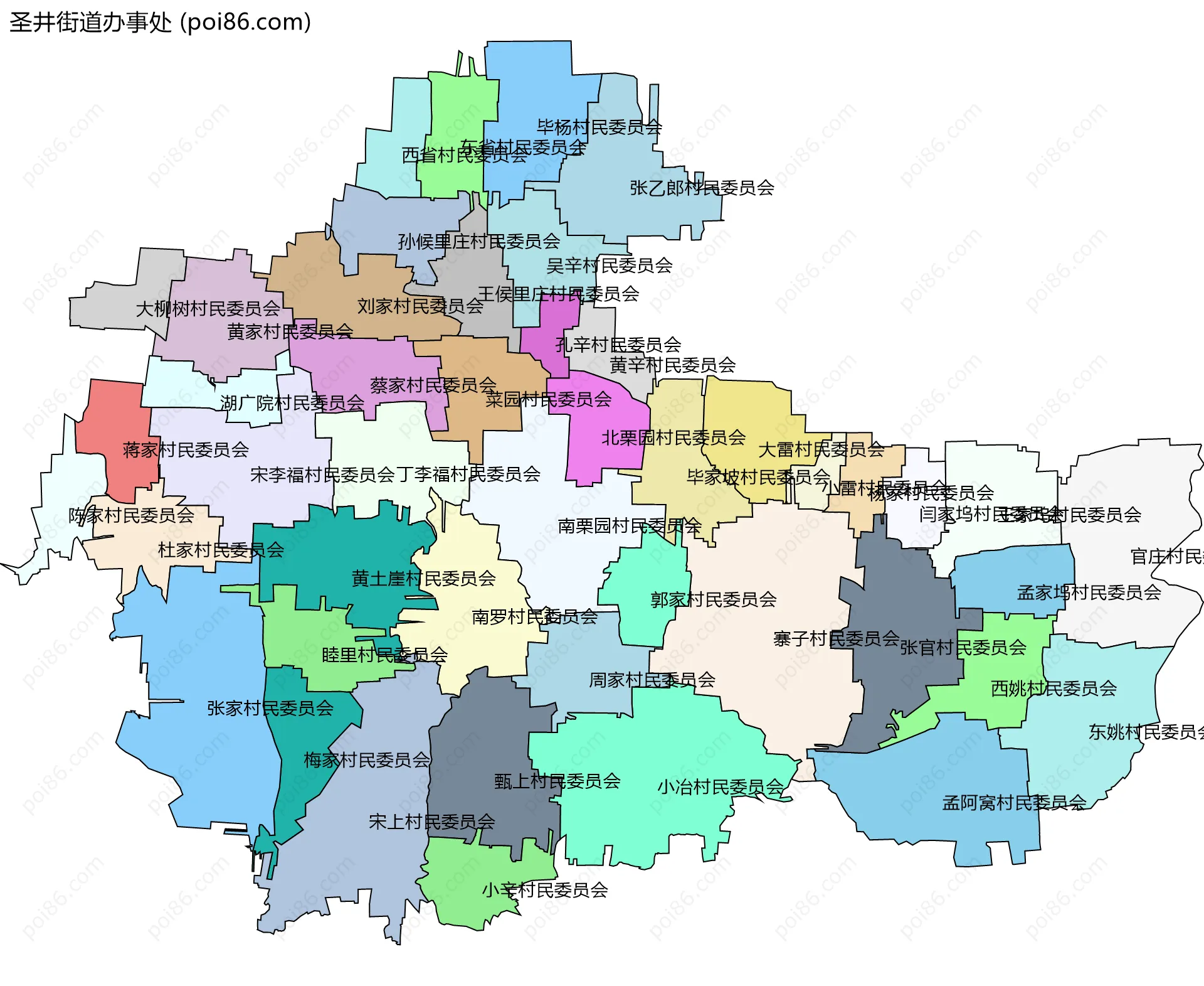 圣井街道办事处边界地图(五级行政区划)