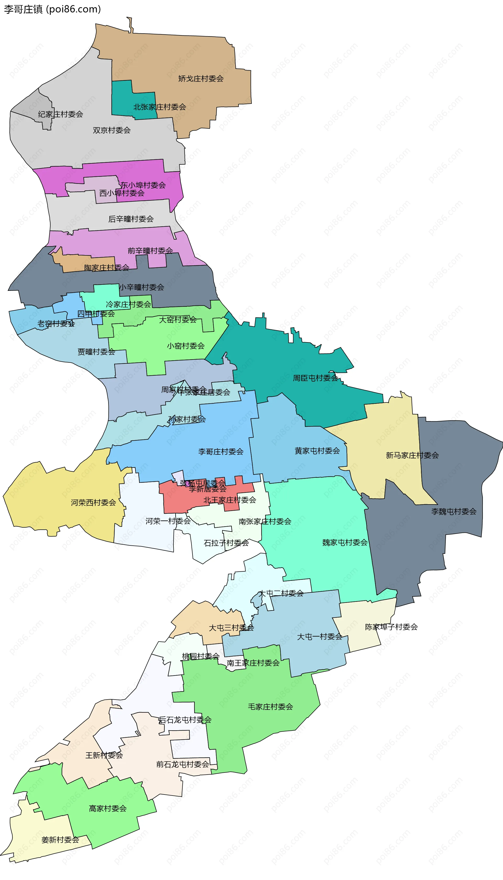 李哥庄镇边界地图(五级行政区划)