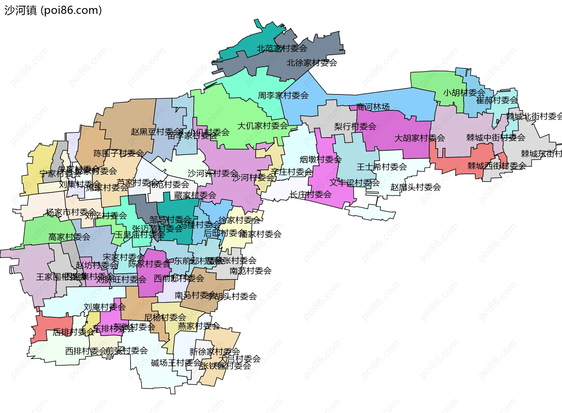 沙河镇边界地图(五级行政区划)