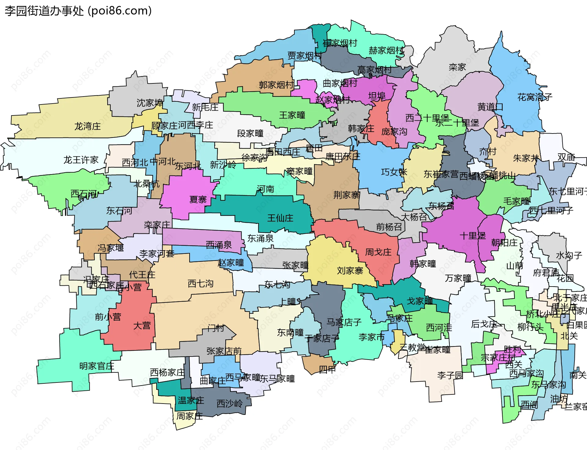 李园街道办事处边界地图(五级行政区划)