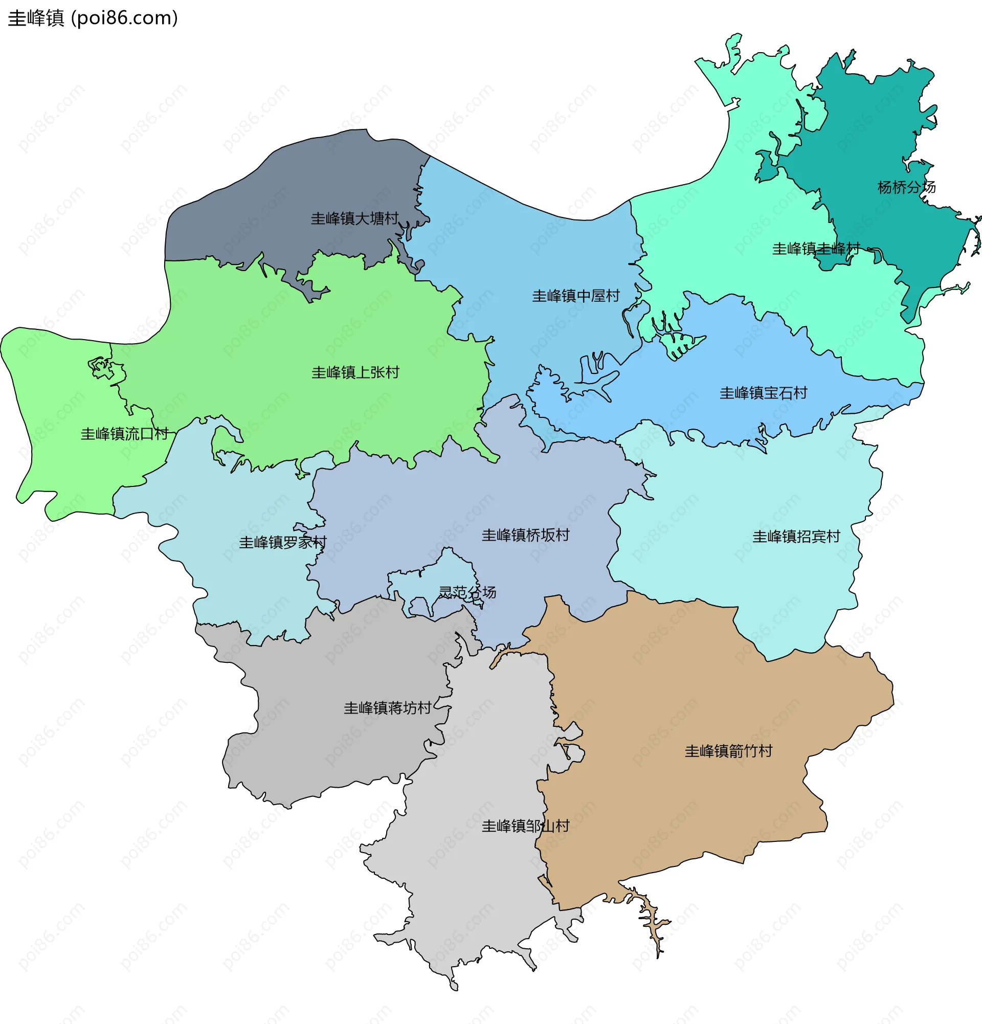 圭峰镇边界地图(五级行政区划)