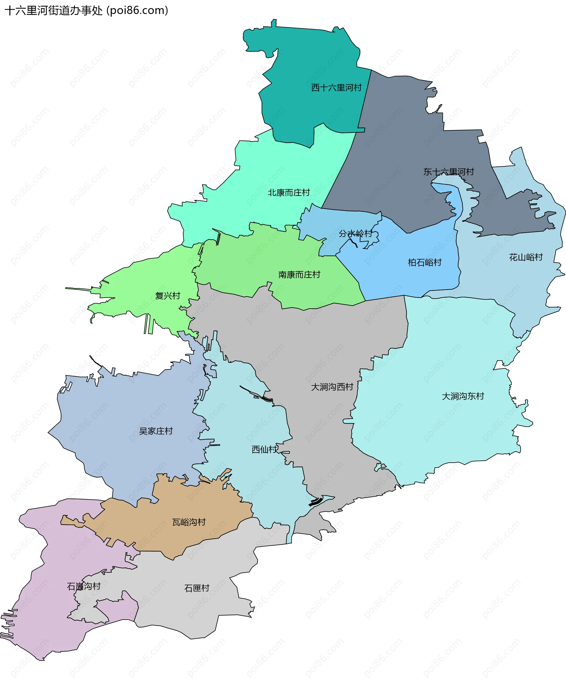 十六里河街道办事处边界地图(五级行政区划)