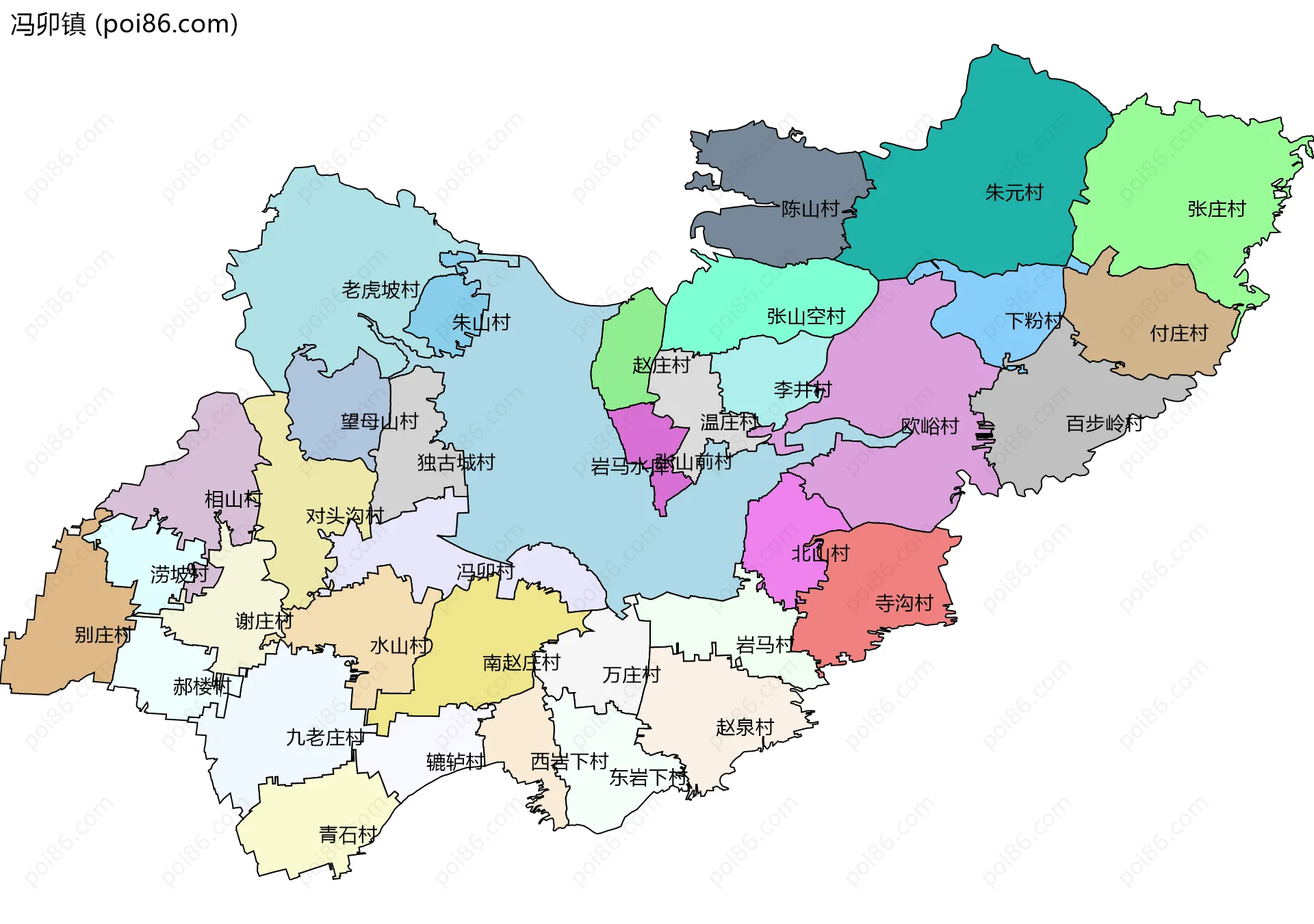 冯卯镇边界地图(五级行政区划)