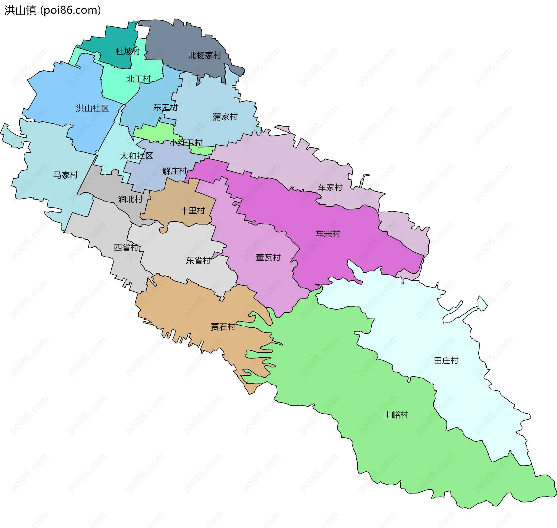 洪山镇边界地图(五级行政区划)