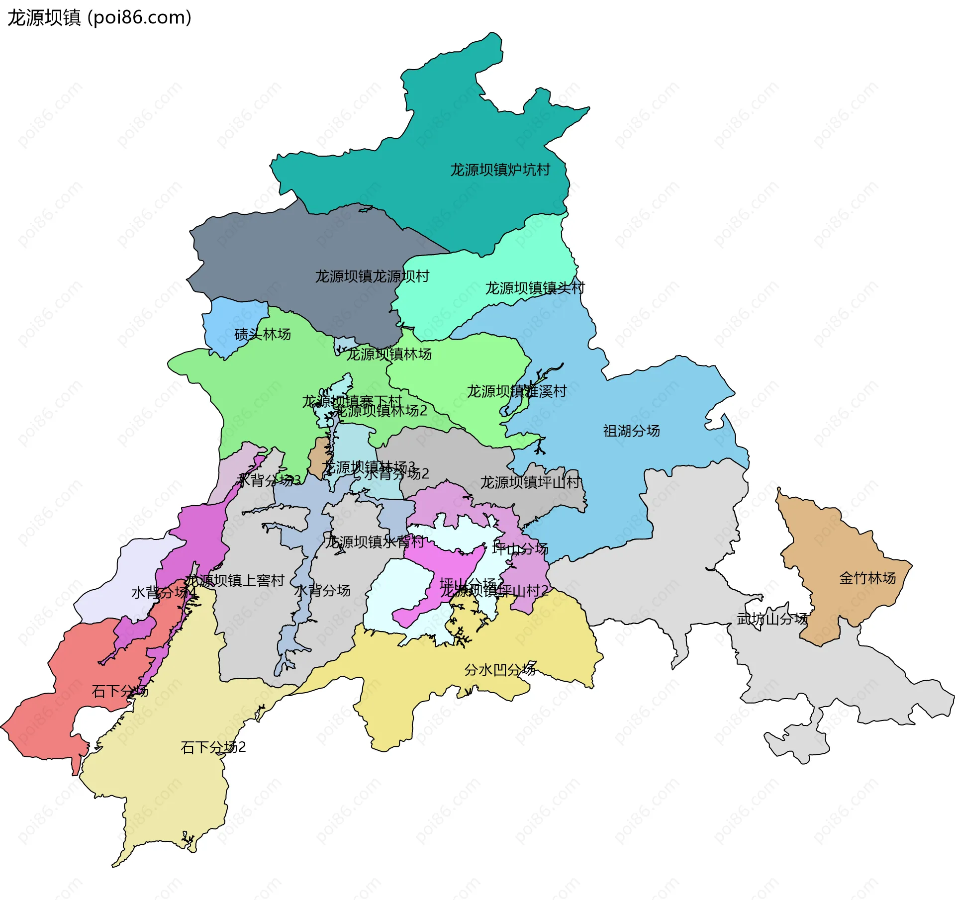 龙源坝镇边界地图(五级行政区划)