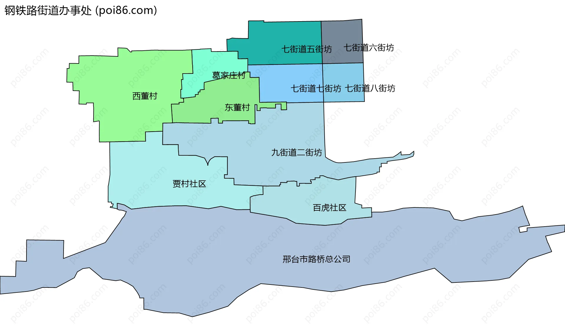 钢铁路街道办事处边界地图(五级行政区划)