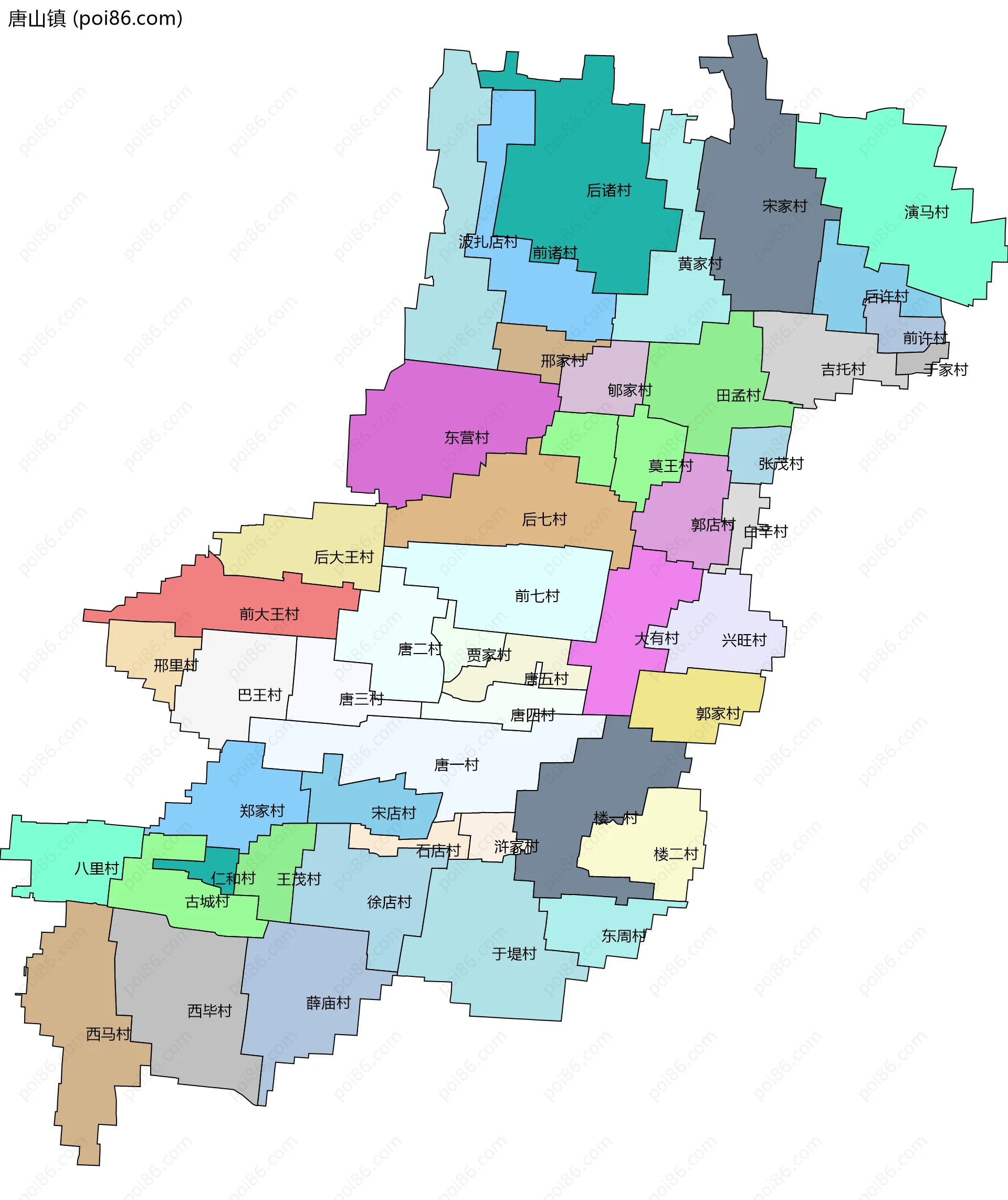 唐山镇边界地图(五级行政区划)