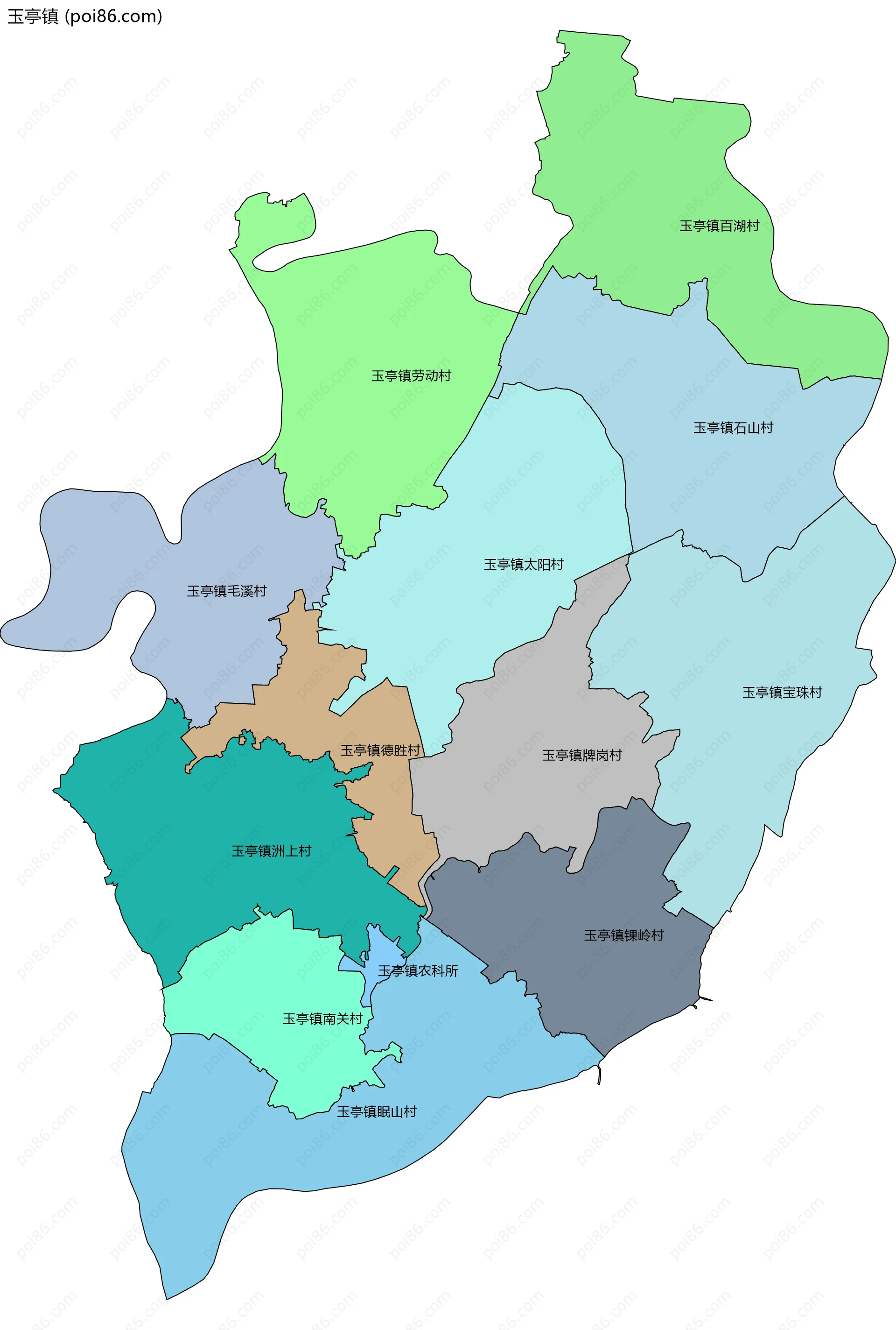 玉亭镇边界地图(五级行政区划)