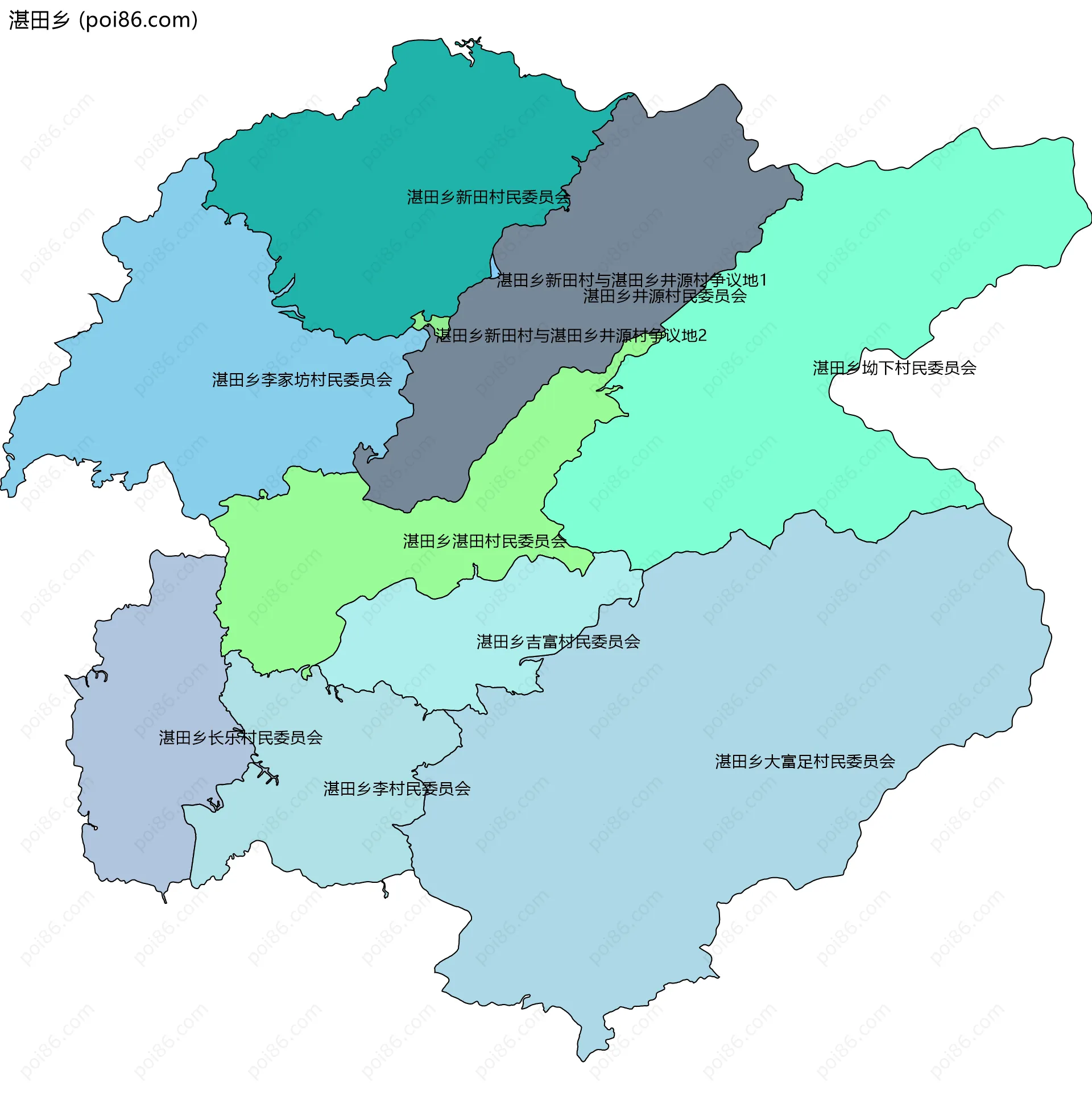 湛田乡边界地图(五级行政区划)