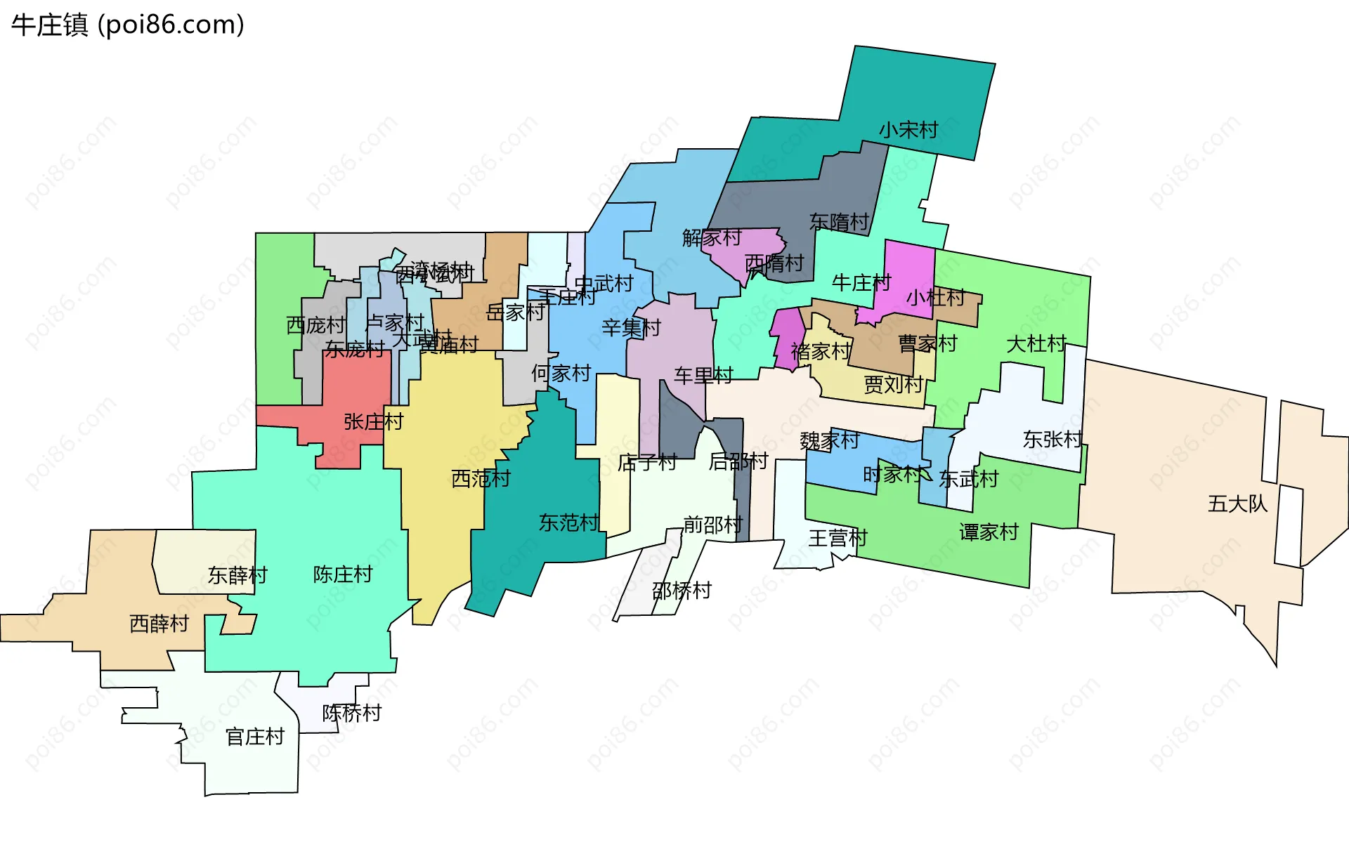 牛庄镇边界地图(五级行政区划)