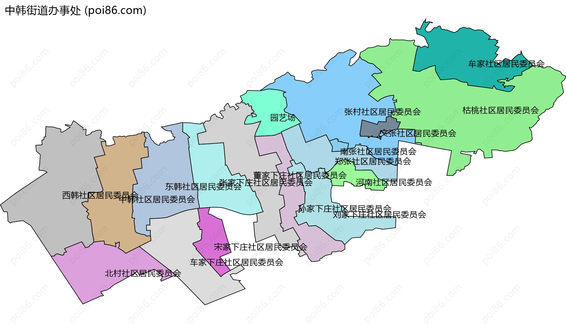 中韩街道办事处边界地图(五级行政区划)