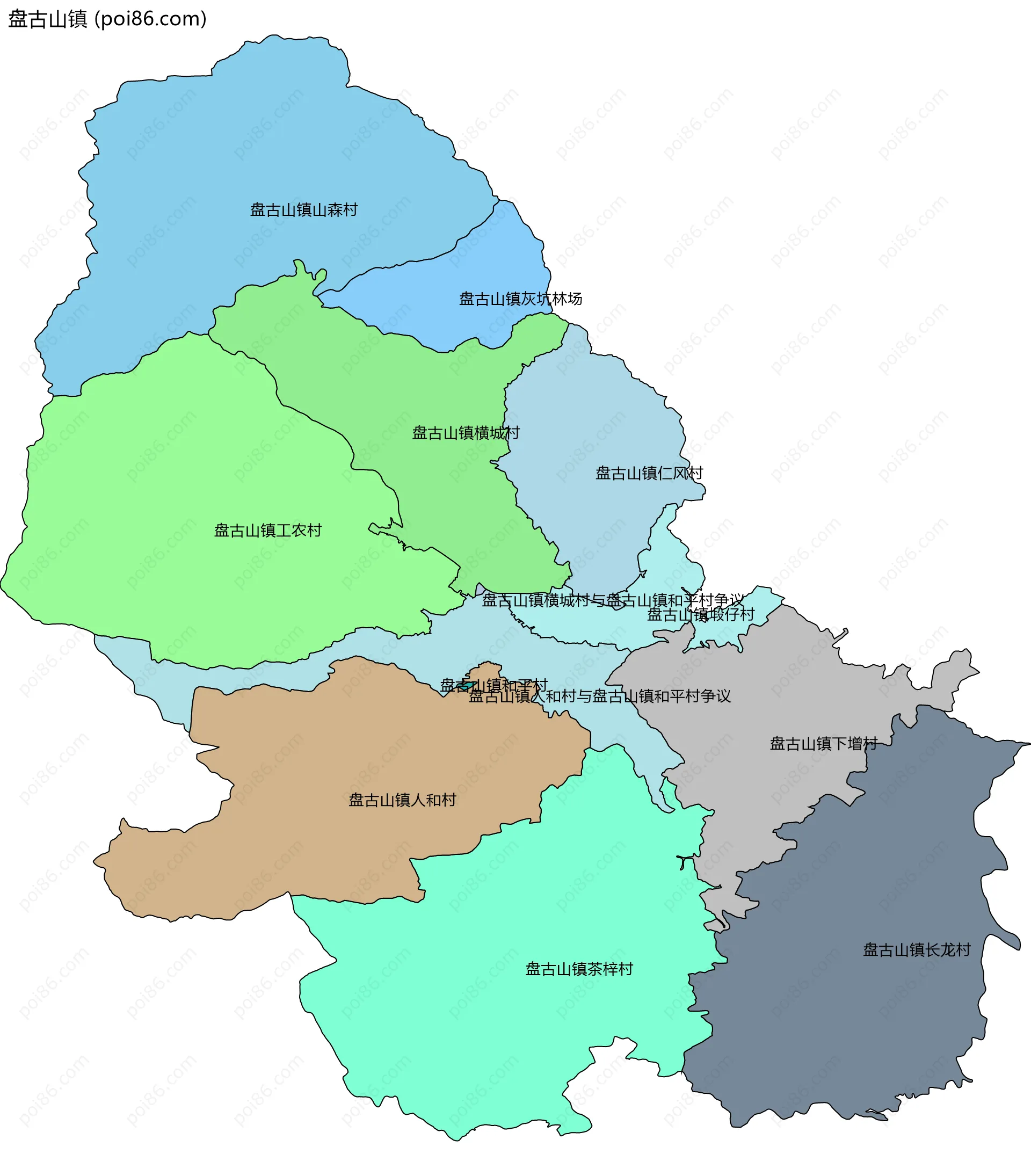 盘古山镇边界地图(五级行政区划)