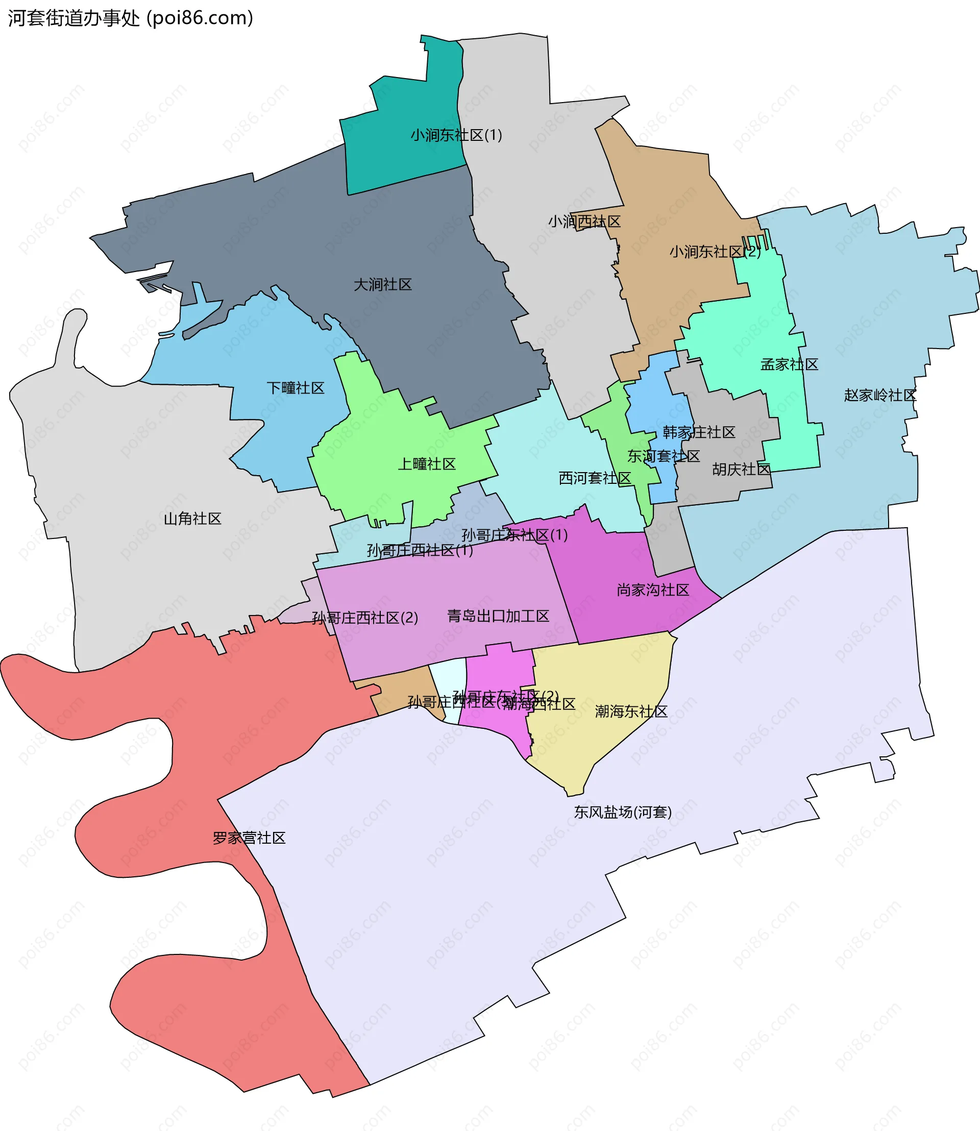 河套街道办事处边界地图(五级行政区划)