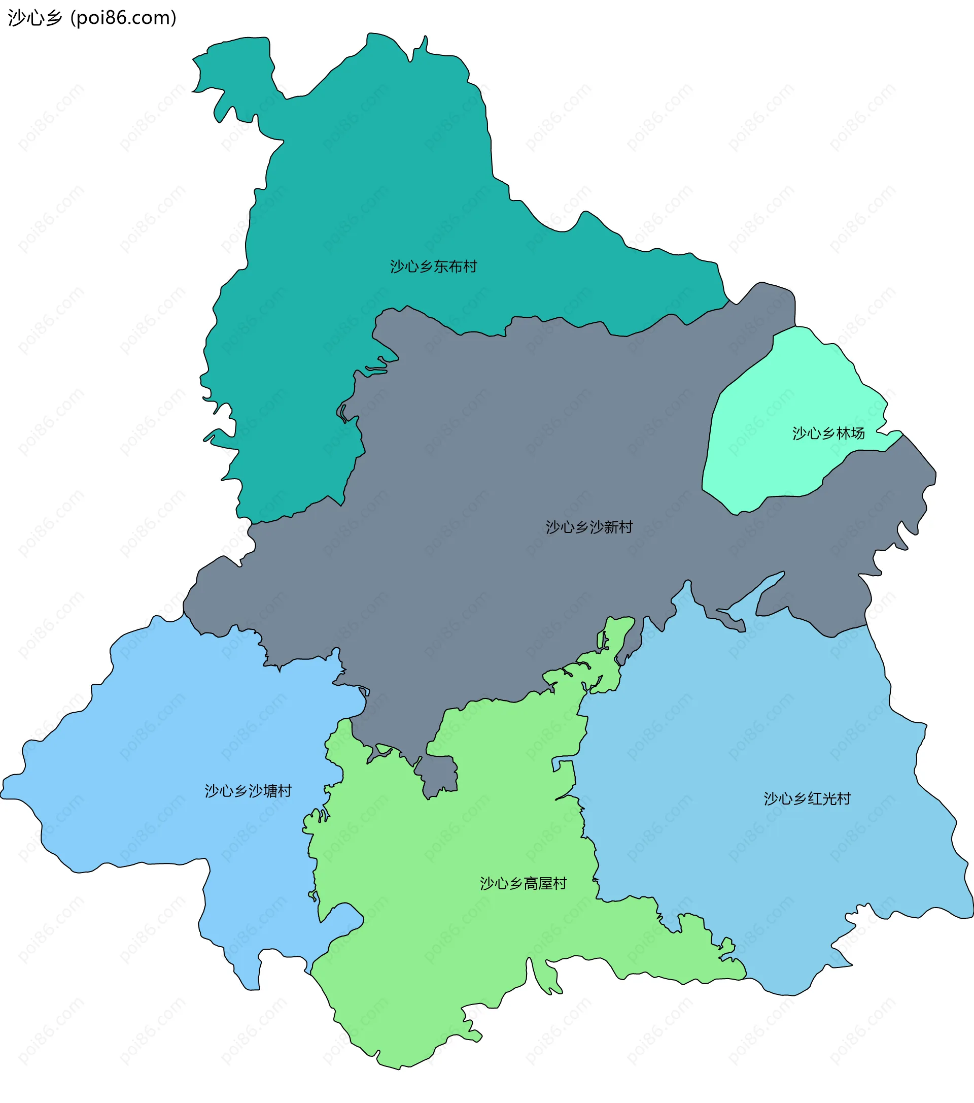 沙心乡边界地图(五级行政区划)