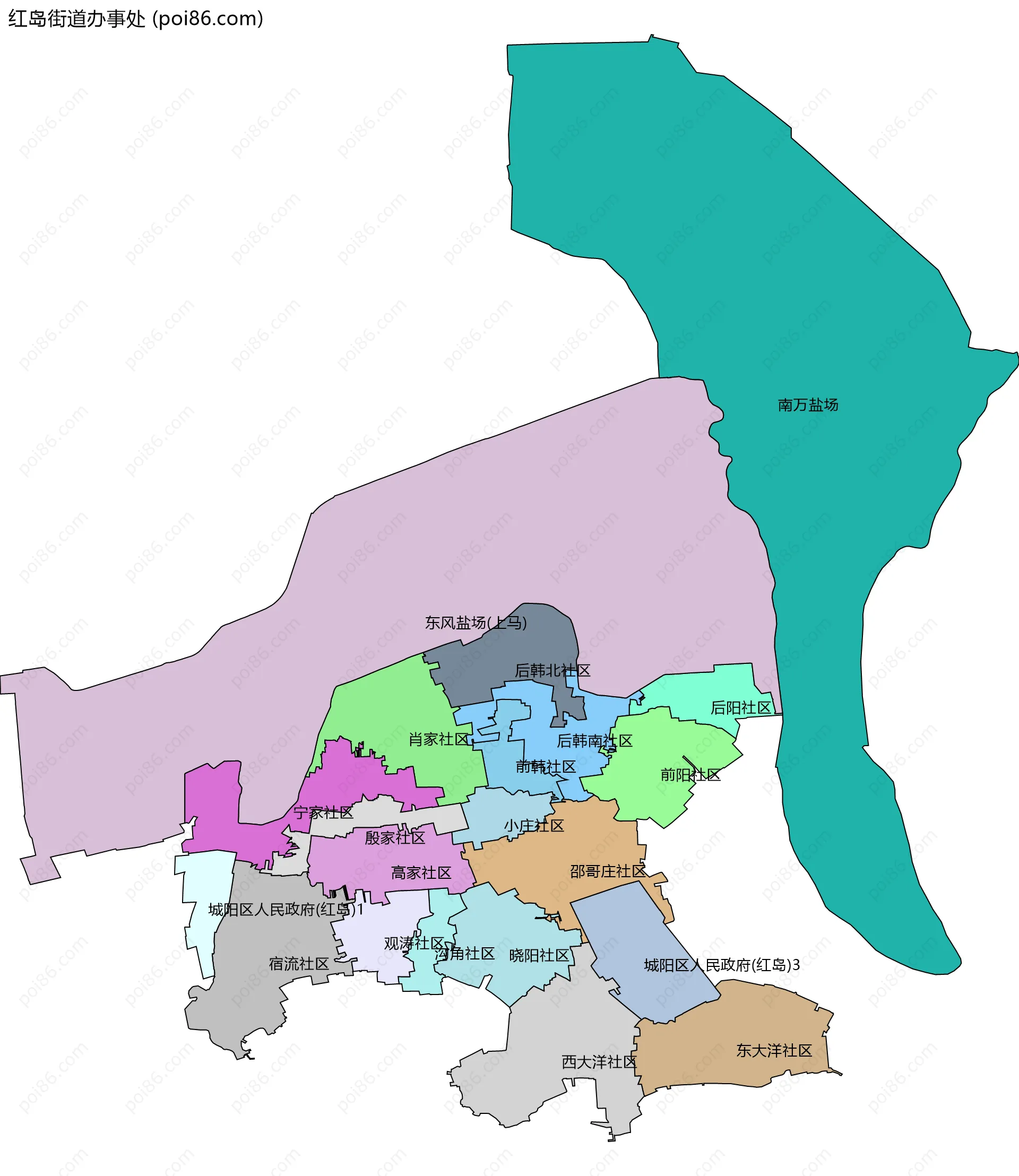 红岛街道办事处边界地图(五级行政区划)