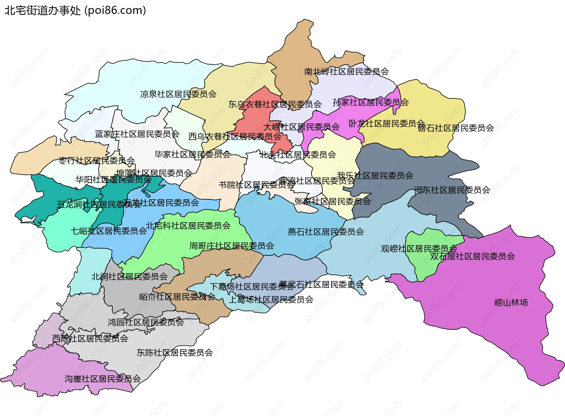 北宅街道办事处边界地图(五级行政区划)