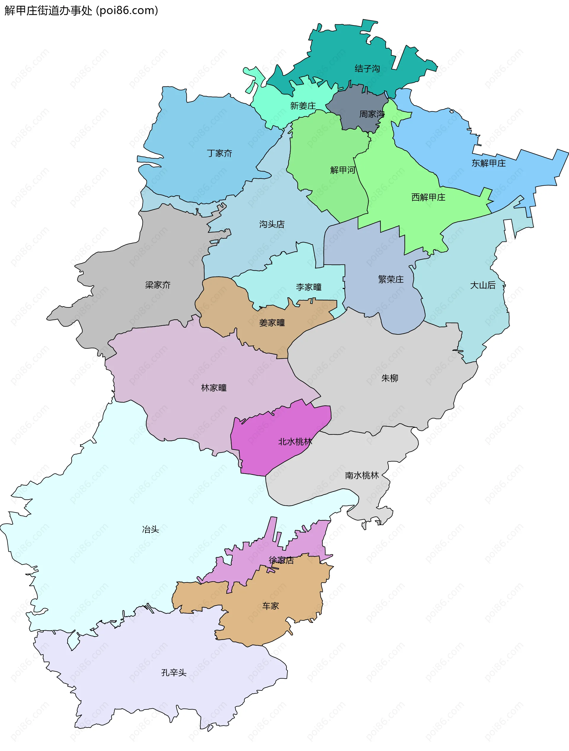 解甲庄街道办事处边界地图(五级行政区划)