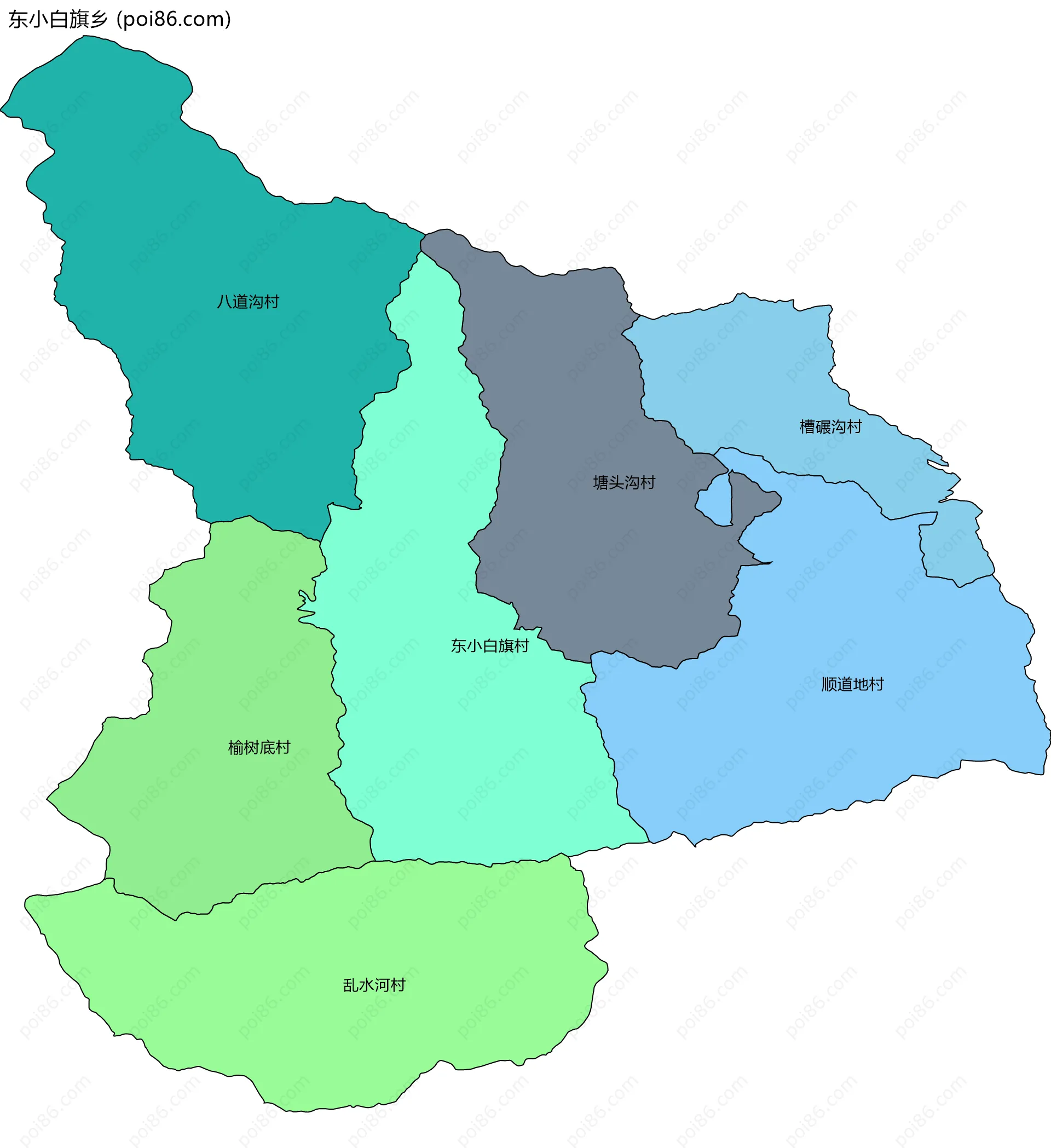 东小白旗乡边界地图(五级行政区划)
