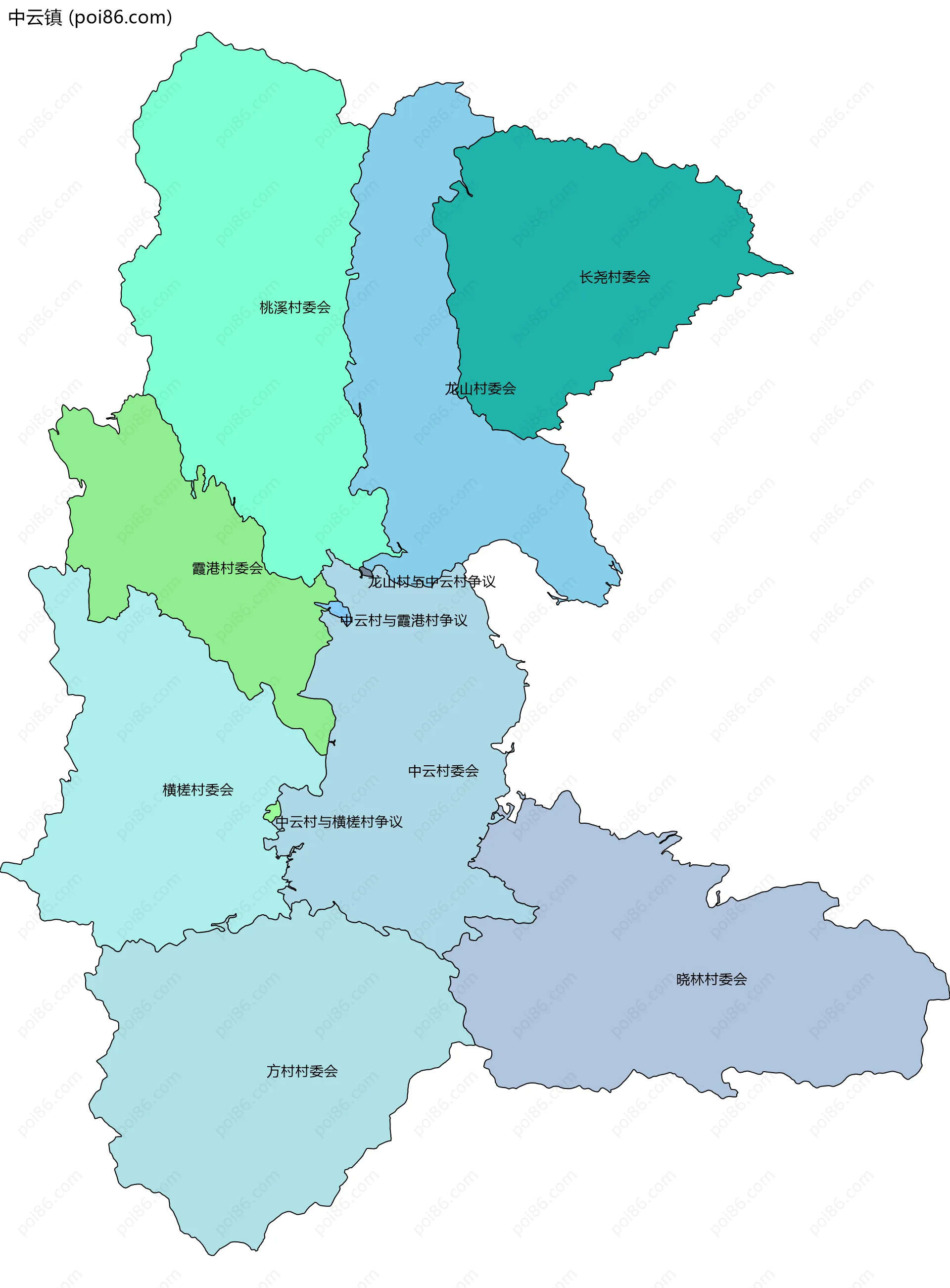 中云镇边界地图(五级行政区划)