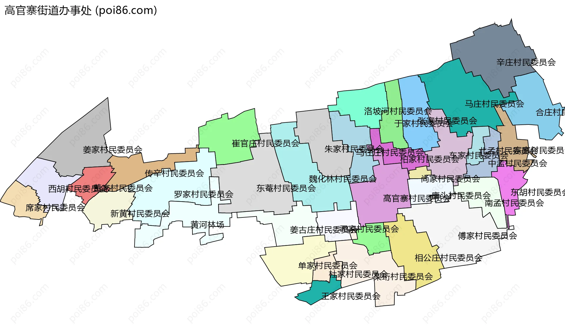 高官寨街道办事处边界地图(五级行政区划)