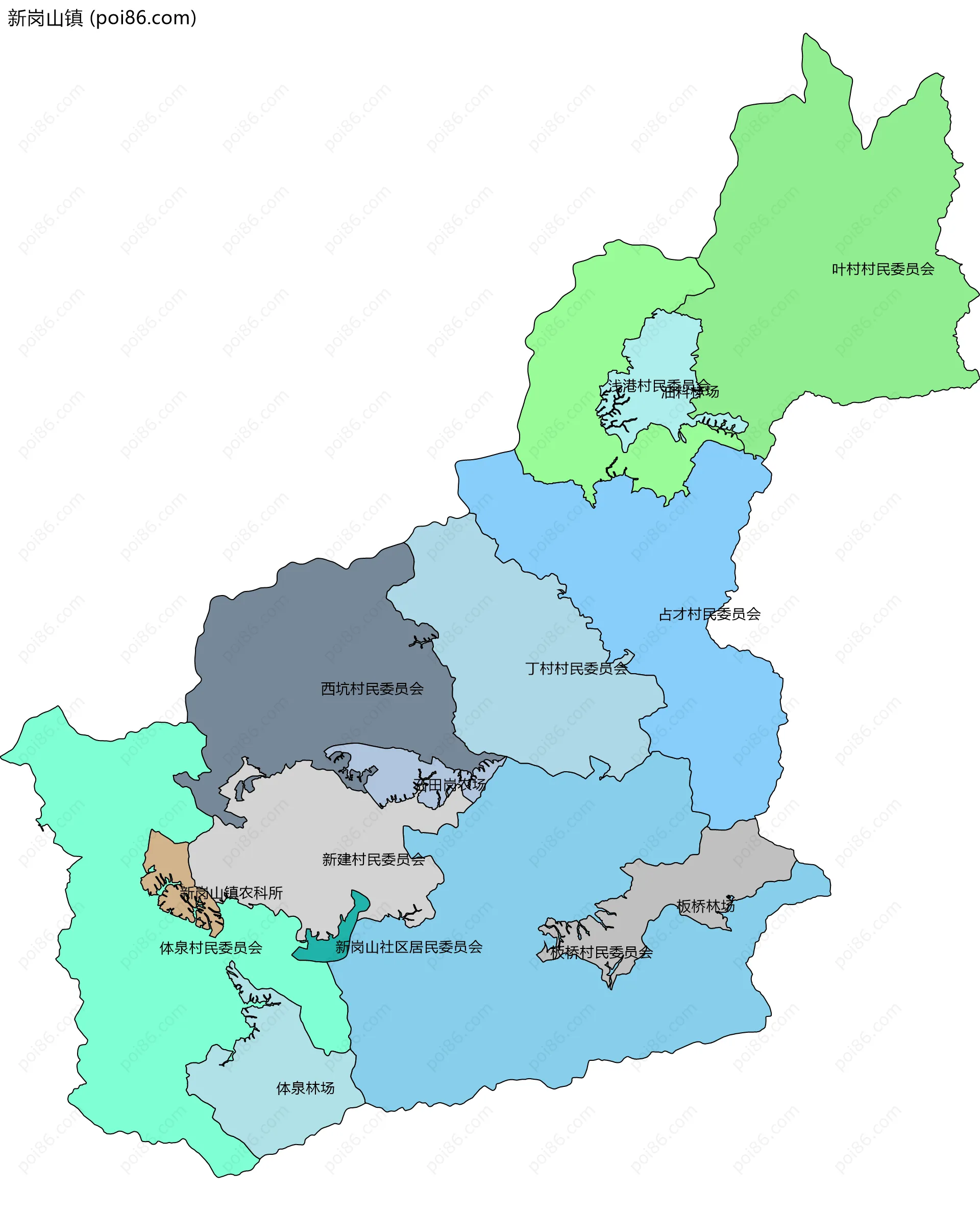 新岗山镇边界地图(五级行政区划)