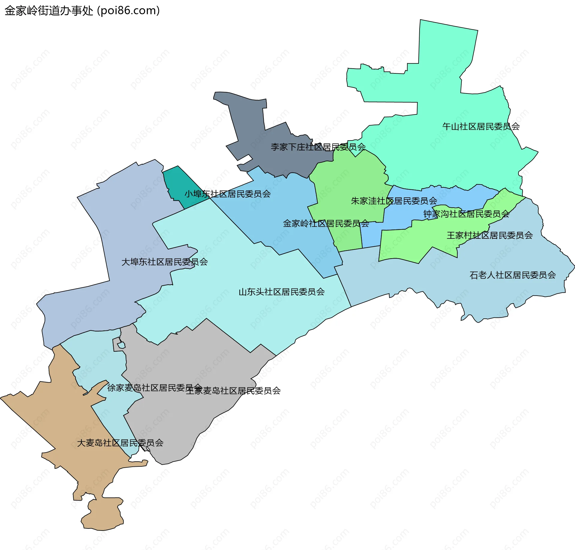 金家岭街道办事处边界地图(五级行政区划)