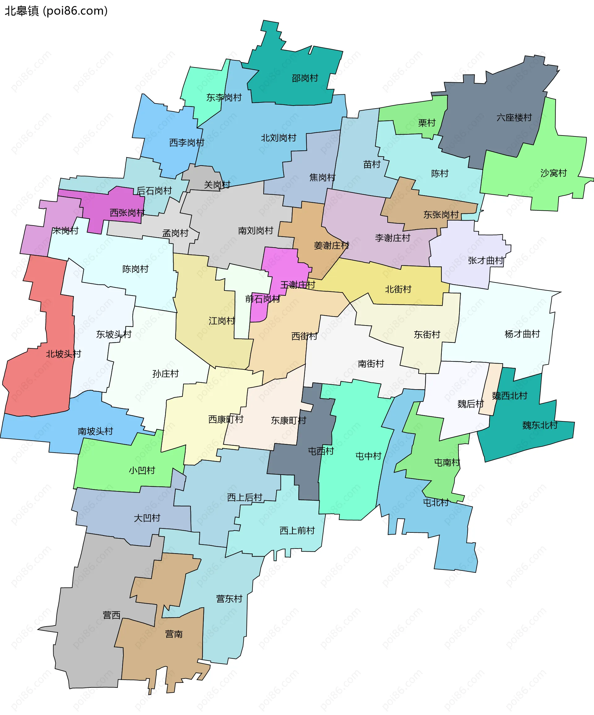 北皋镇边界地图(五级行政区划)