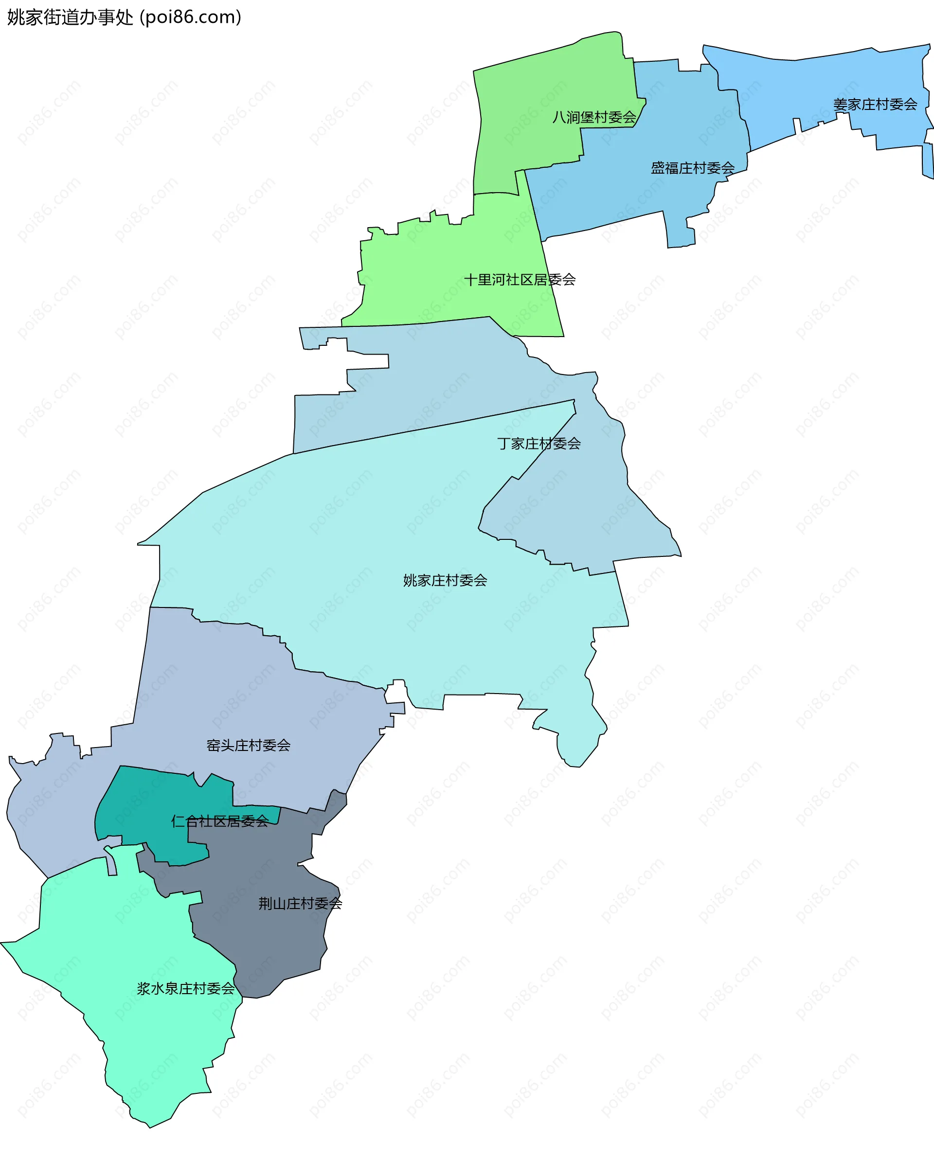 姚家街道办事处边界地图(五级行政区划)
