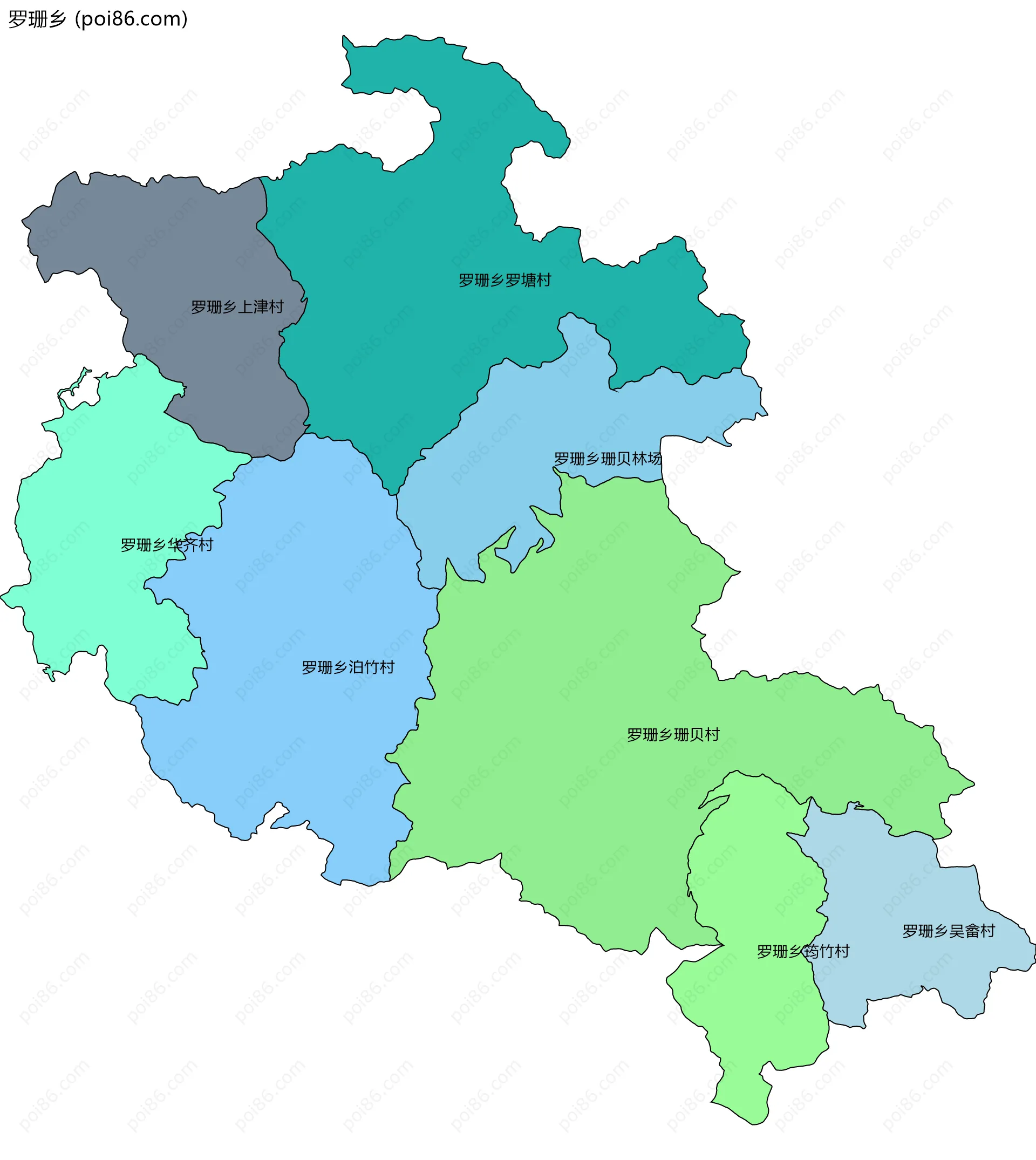 罗珊乡边界地图(五级行政区划)