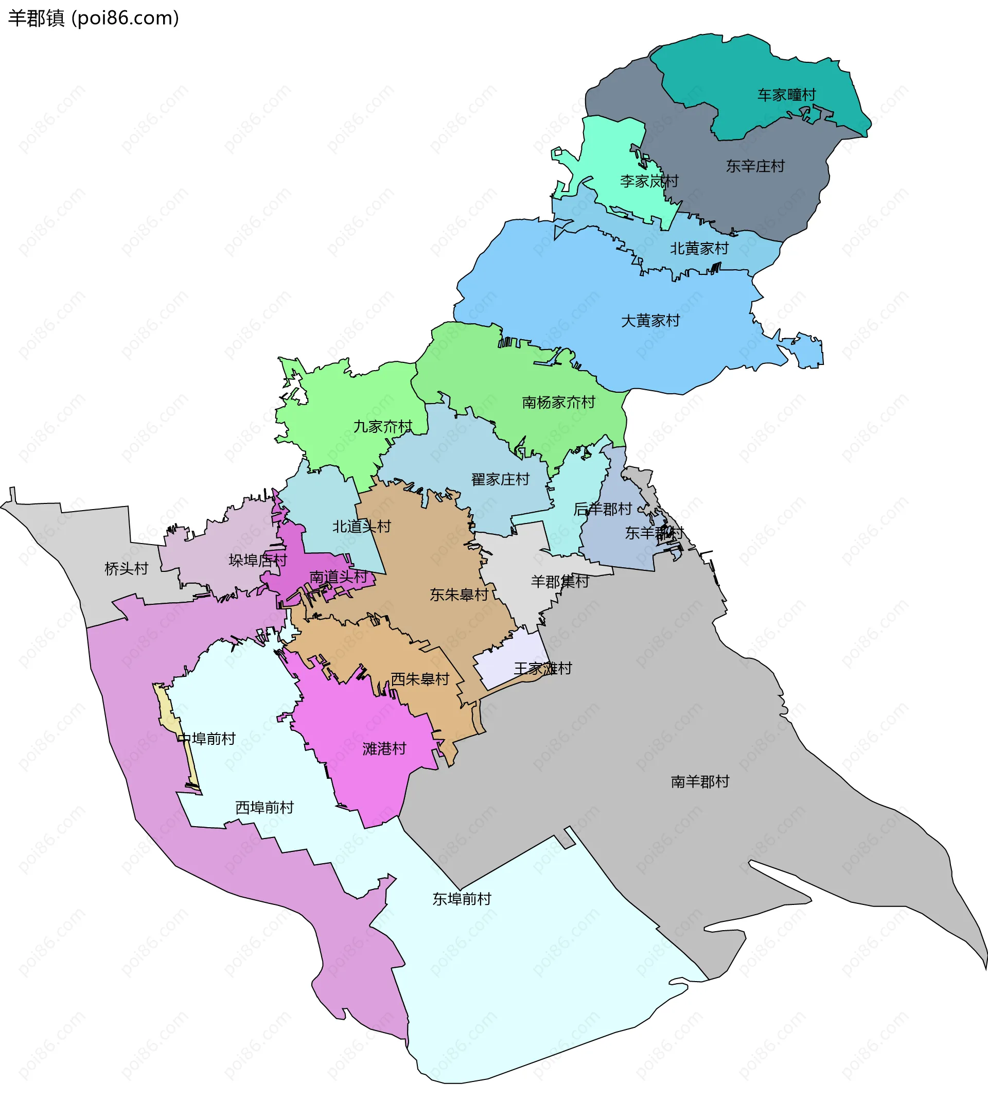 羊郡镇边界地图(五级行政区划)