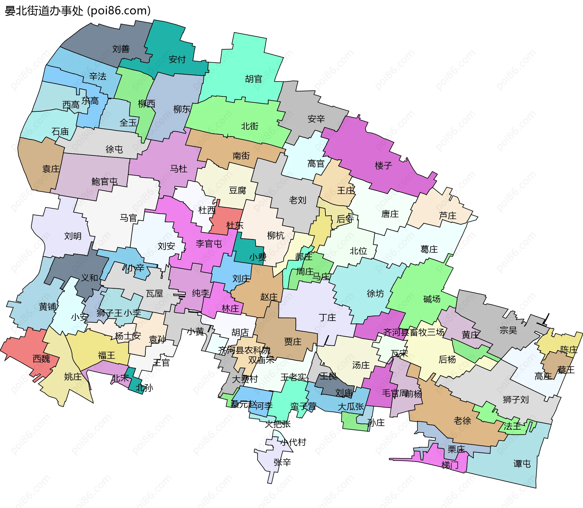 晏北街道办事处边界地图(五级行政区划)