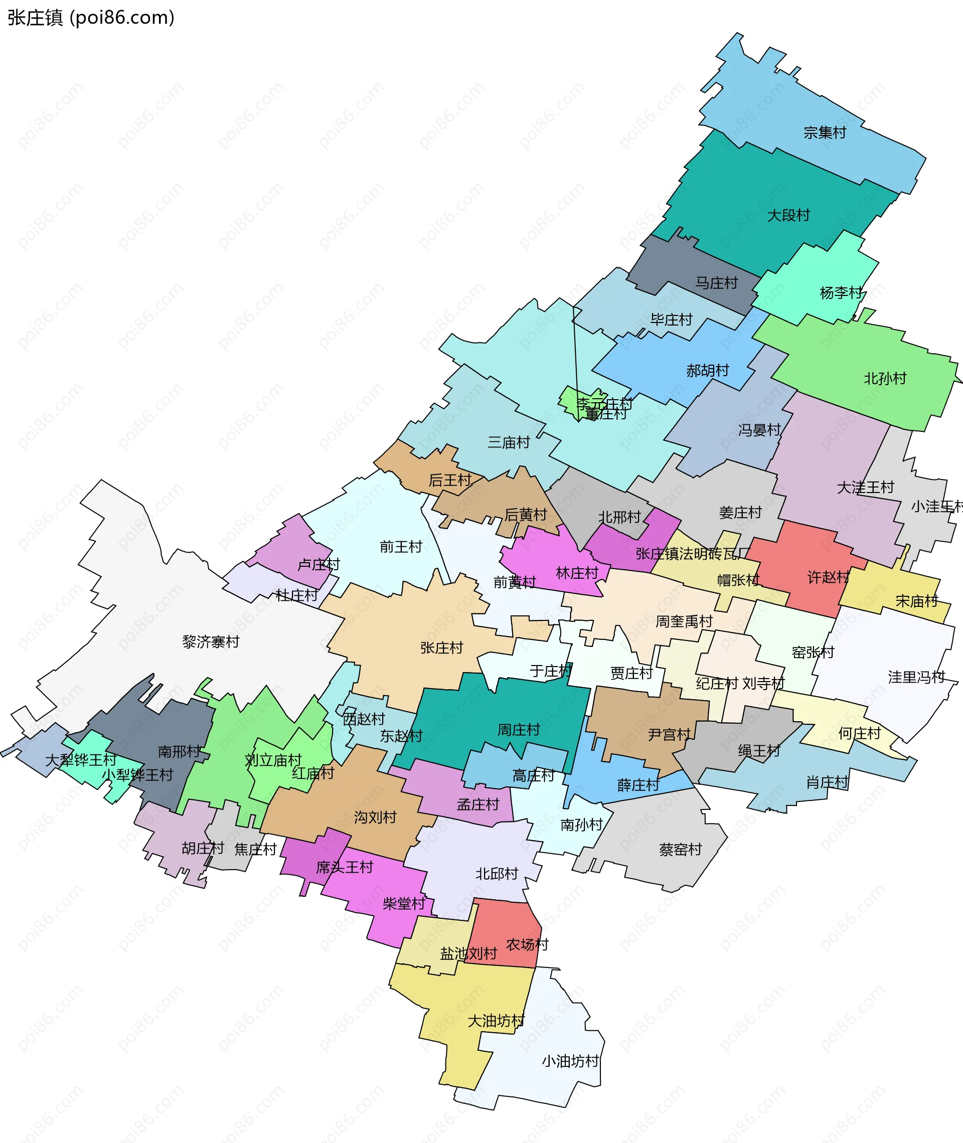 张庄镇边界地图(五级行政区划)