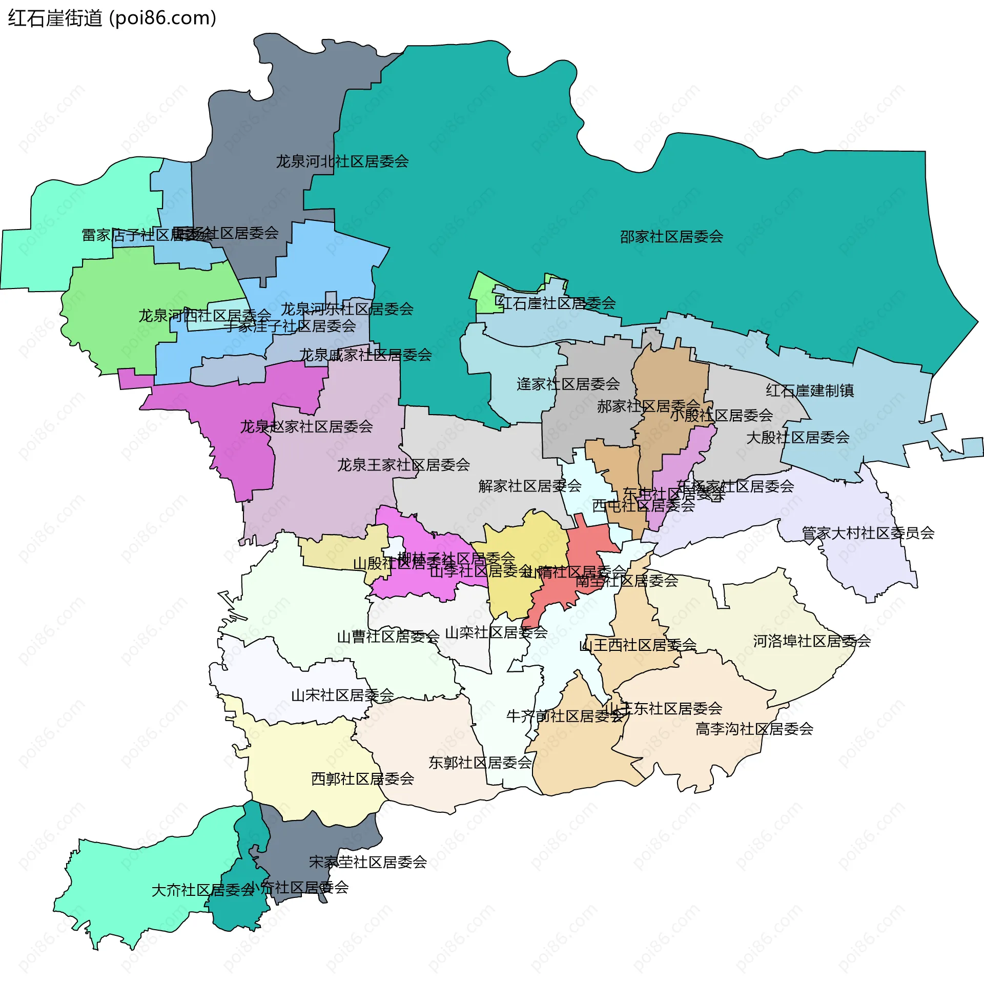 红石崖街道边界地图(五级行政区划)