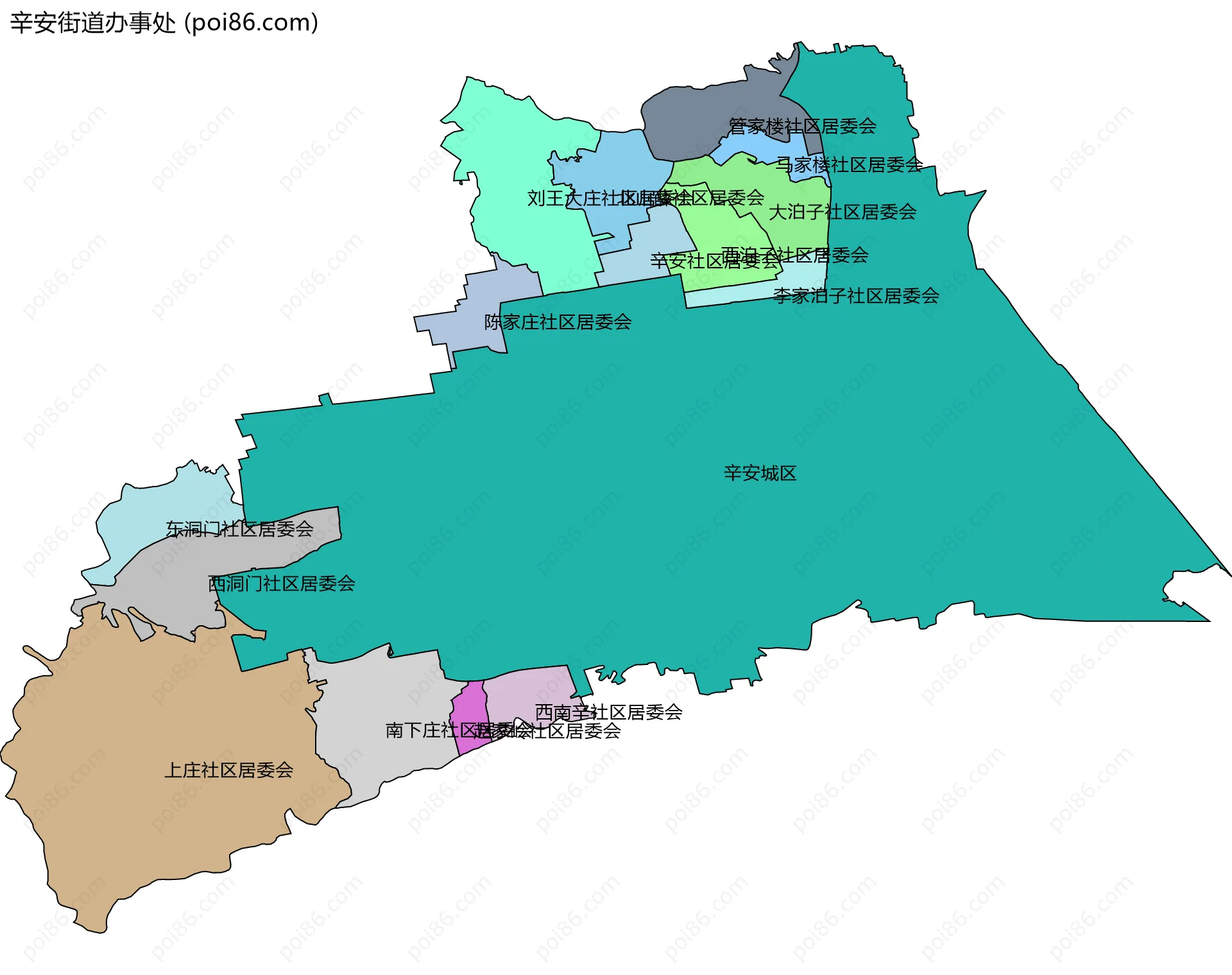 辛安街道办事处边界地图(五级行政区划)
